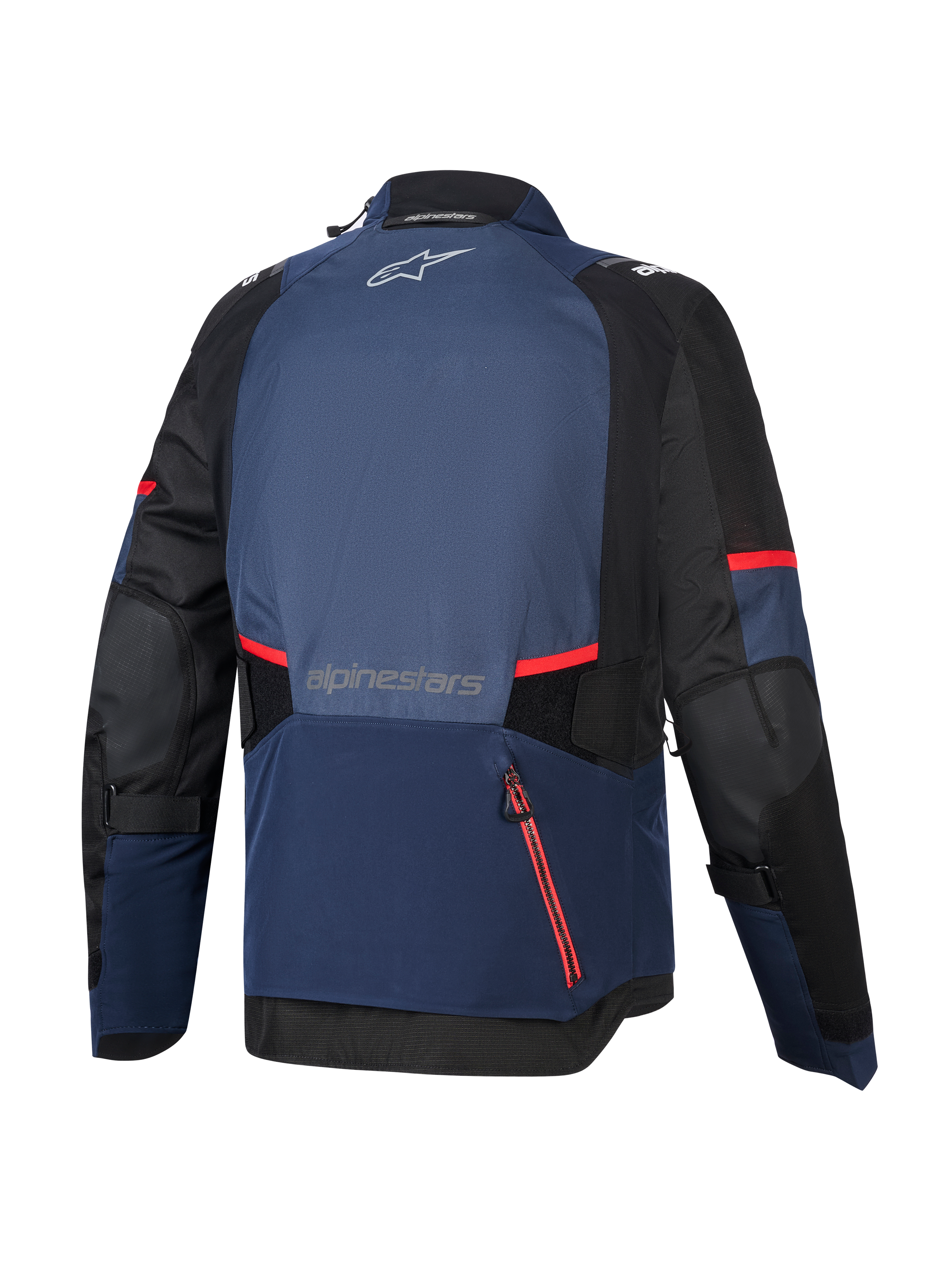 Giacca Alpinestars Andes V4 Drystar®, vista posteriore, Night Navy Mood Indigo e nero, con accenti e strisce rosse sulle cerniere, ampio scomparto posteriore impermeabile, logo Alpinestars sulla parte superiore e inferiore della schiena, giacca tecnica adventure touring.