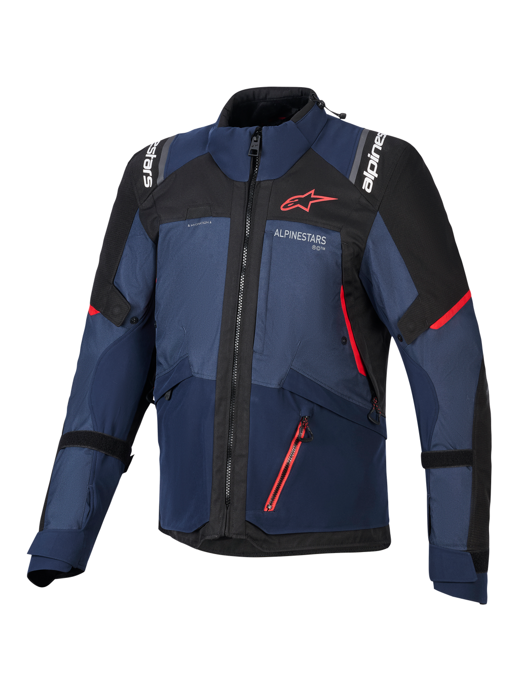 Giacca Alpinestars Andes V4 Drystar®, giacca da moto, Night Navy, Mood Indigo e nero, vista frontale con accenti rossi e logo Alpinestars bianco su petto e spalle, abbigliamento in tessuto resistente per moto adventure