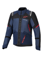 Giacca Alpinestars Andes V4 Drystar®, giacca da moto, Night Navy, Mood Indigo e nero, vista frontale con accenti rossi e logo Alpinestars bianco su petto e spalle, abbigliamento in tessuto resistente per moto adventure