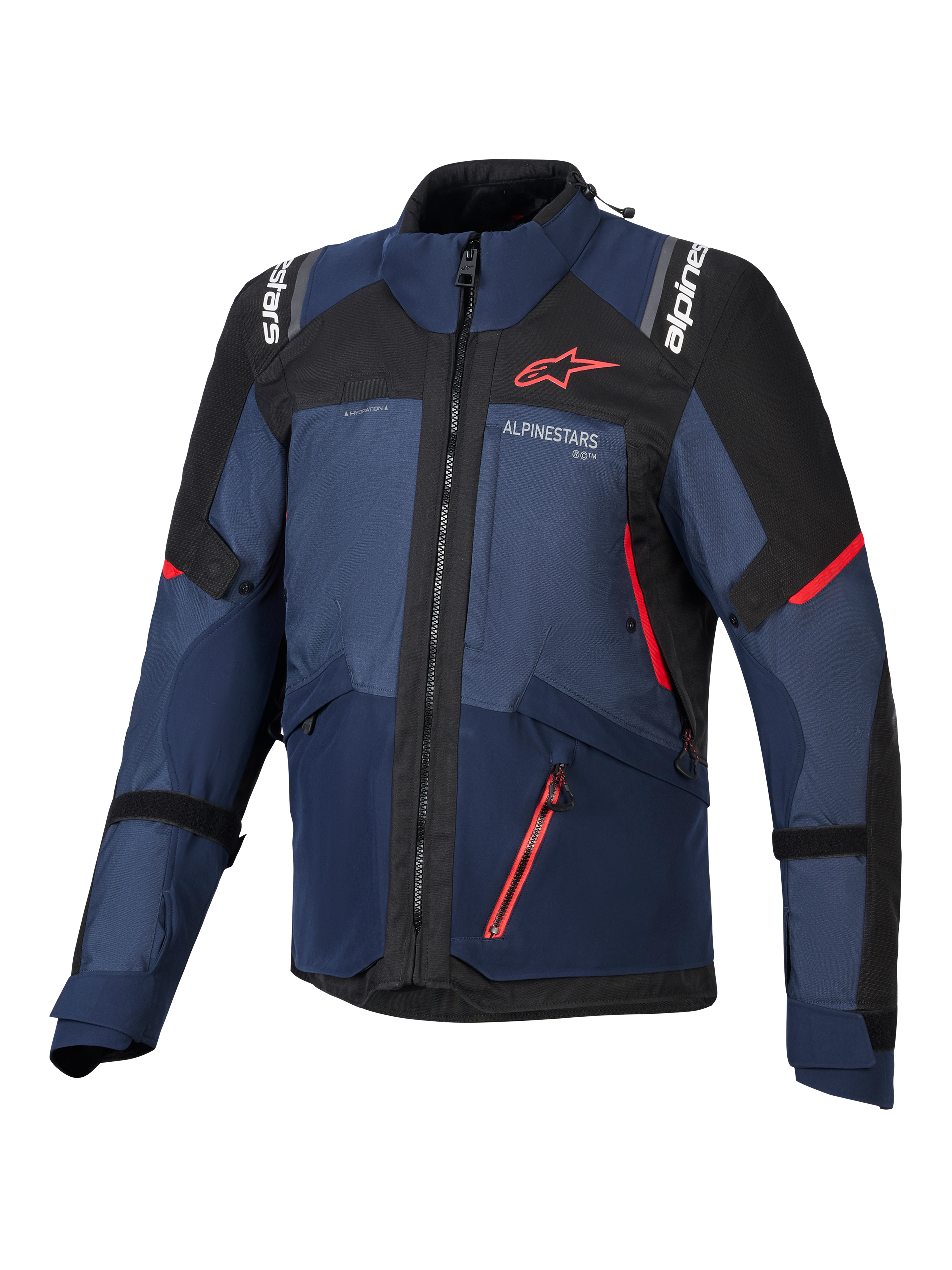 Giacca Alpinestars Andes V4 Drystar®, giacca da moto, Night Navy, Mood Indigo e nero, vista frontale con accenti rossi e logo Alpinestars bianco su petto e spalle, abbigliamento in tessuto resistente per moto adventure