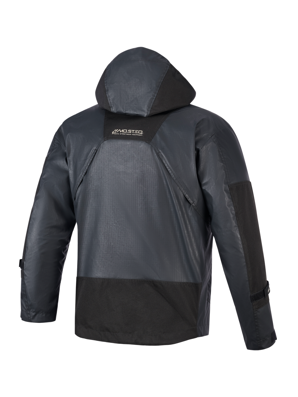 Alpinestars Giacca Mospher Waterproof, parka da moto, nero, vista posteriore con cappuccio integrato e costruzione in tessuto ripstop, marchio MO.ST.EQ sulla parte superiore della schiena, design urbano tattico per la guida in ogni condizione atmosferica