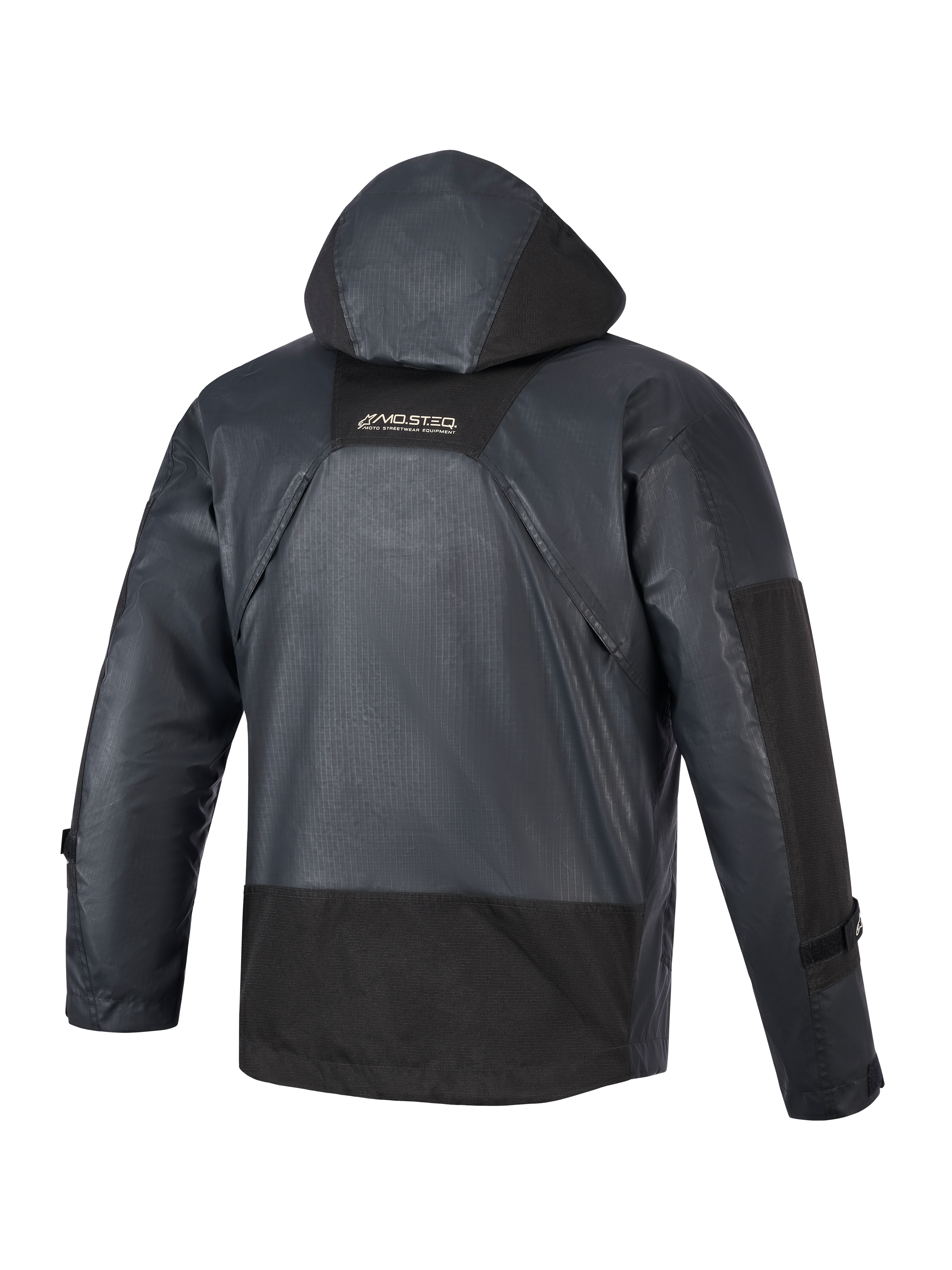 Alpinestars Giacca Mospher Waterproof, parka da moto, nero, vista posteriore con cappuccio integrato e costruzione in tessuto ripstop, marchio MO.ST.EQ sulla parte superiore della schiena, design urbano tattico per la guida in ogni condizione atmosferica