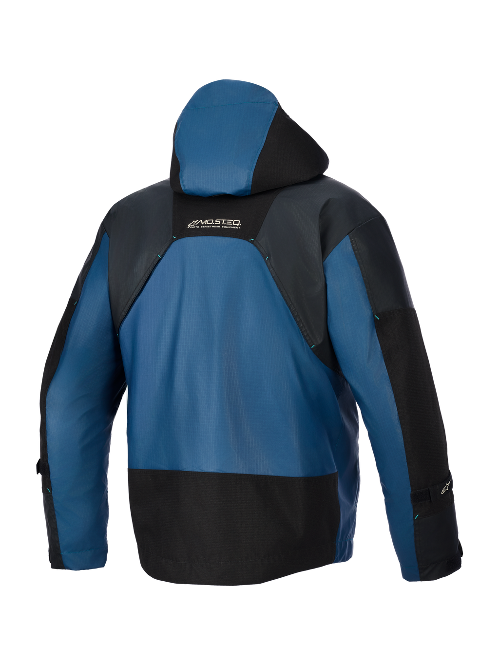 Giacca Alpinestars Mospher Waterproof, vista posteriore, nero e petrolio scuro, dotata di cappuccio protettivo, robusta costruzione in tessuto ripstop con sezioni rinforzate nere e logo MO.ST.EQ. sulla parte superiore della schiena, abbigliamento moto urban impermeabile