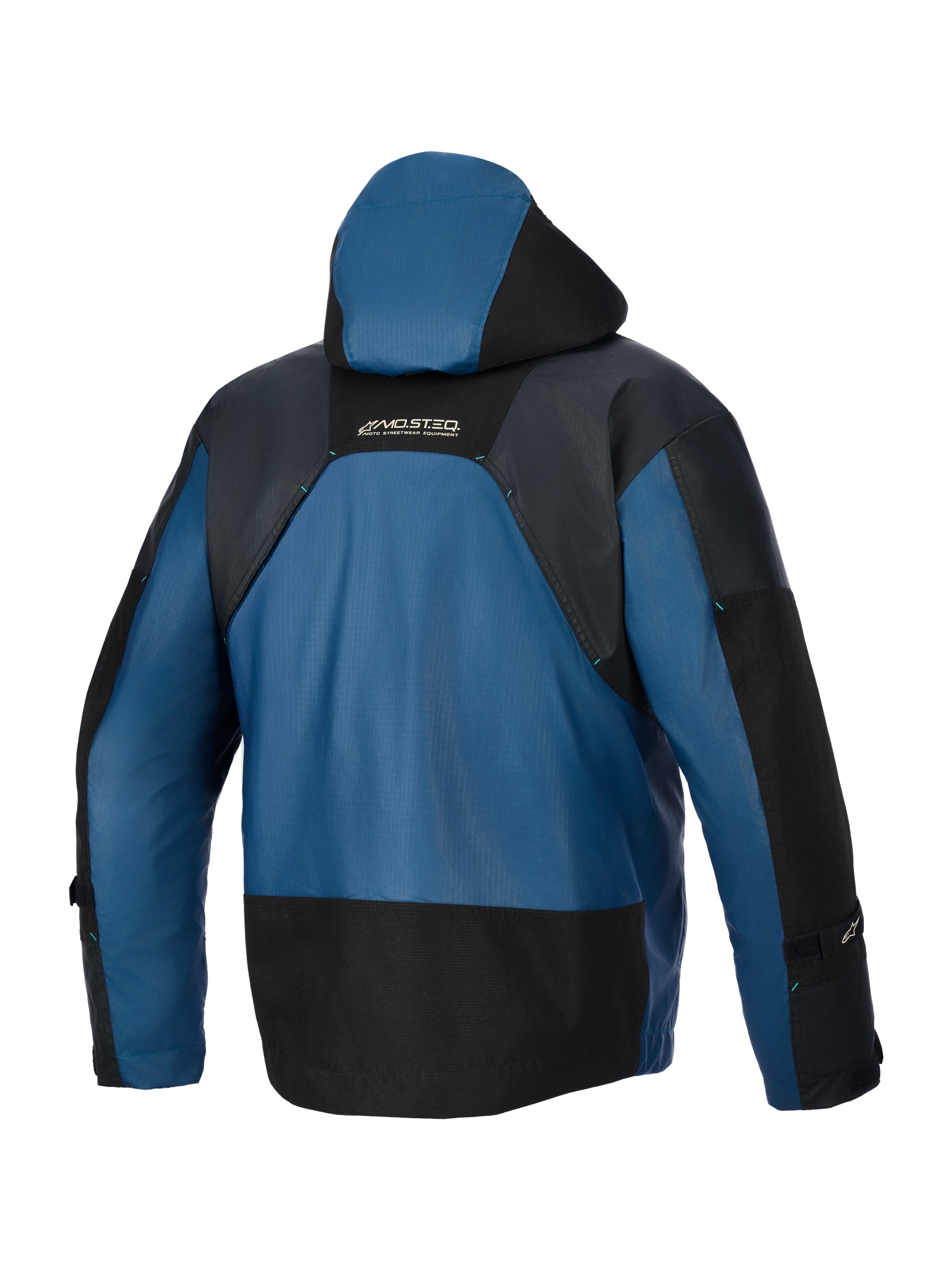 Giacca Alpinestars Mospher Waterproof, vista posteriore, nero e petrolio scuro, dotata di cappuccio protettivo, robusta costruzione in tessuto ripstop con sezioni rinforzate nere e logo MO.ST.EQ. sulla parte superiore della schiena, abbigliamento moto urban impermeabile