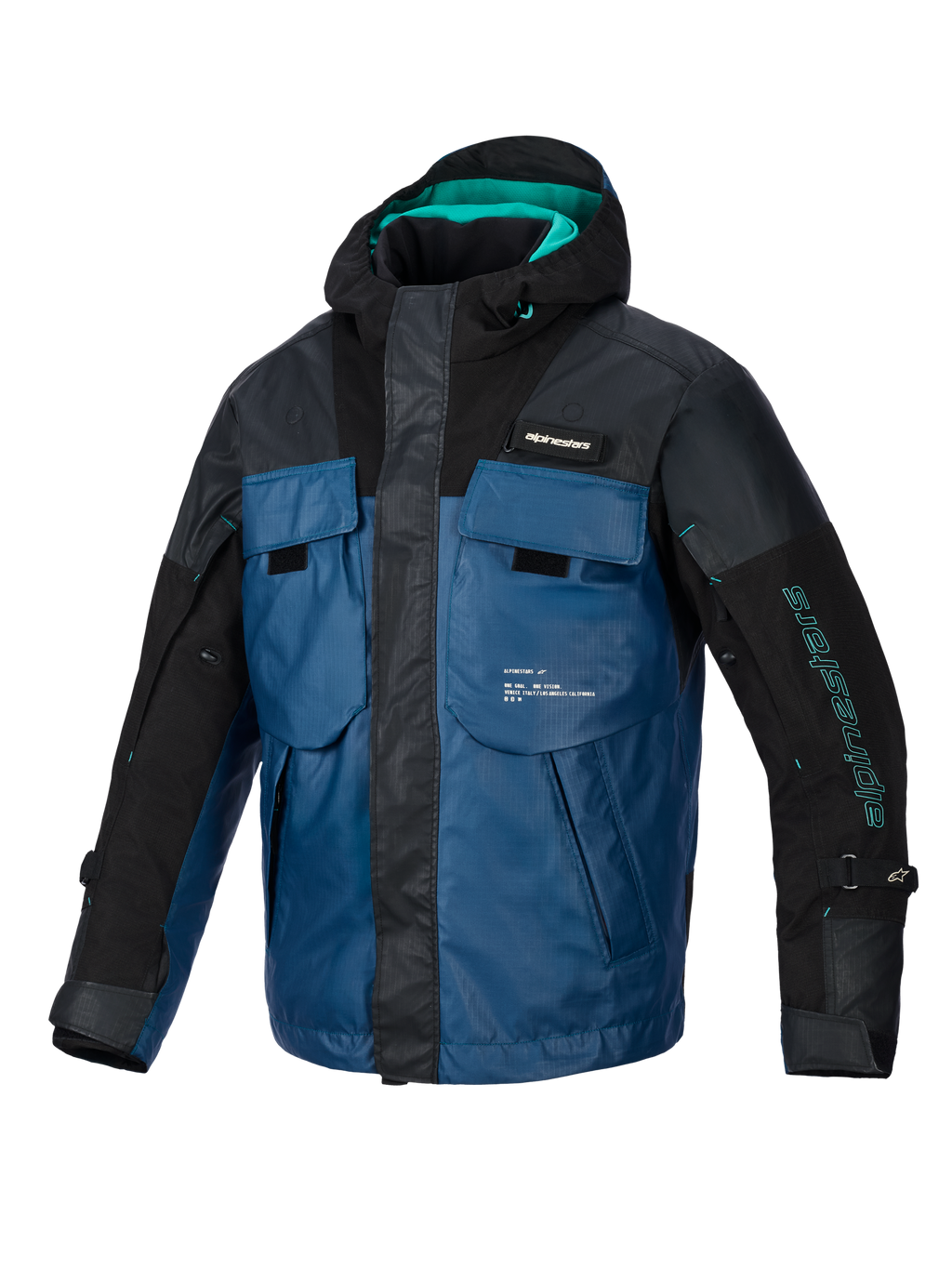 Giacca Alpinestars Mospher Waterproof, parka da moto per tutte le stagioni, nero e Dark Petrol con accenti teal, design ispirato a un gilet tattico con molteplici ampie tasche, resistente tessuto ripstop e cappuccio integrato per il commuting urbano