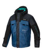 Giacca Alpinestars Mospher Waterproof, parka da moto per tutte le stagioni, nero e Dark Petrol con accenti teal, design ispirato a un gilet tattico con molteplici ampie tasche, resistente tessuto ripstop e cappuccio integrato per il commuting urbano