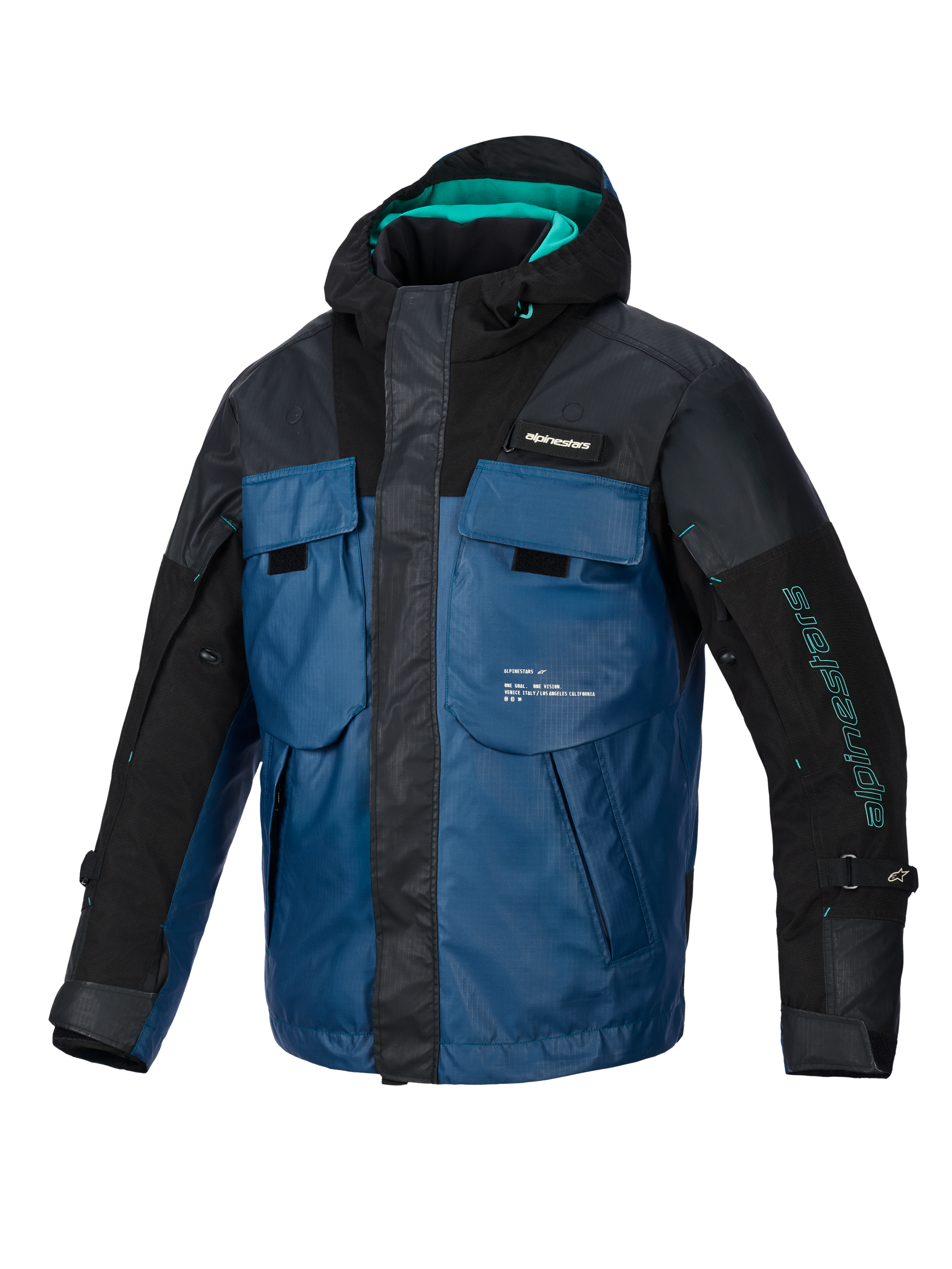 Giacca Alpinestars Mospher Waterproof, parka da moto per tutte le stagioni, nero e Dark Petrol con accenti teal, design ispirato a un gilet tattico con molteplici ampie tasche, resistente tessuto ripstop e cappuccio integrato per il commuting urbano