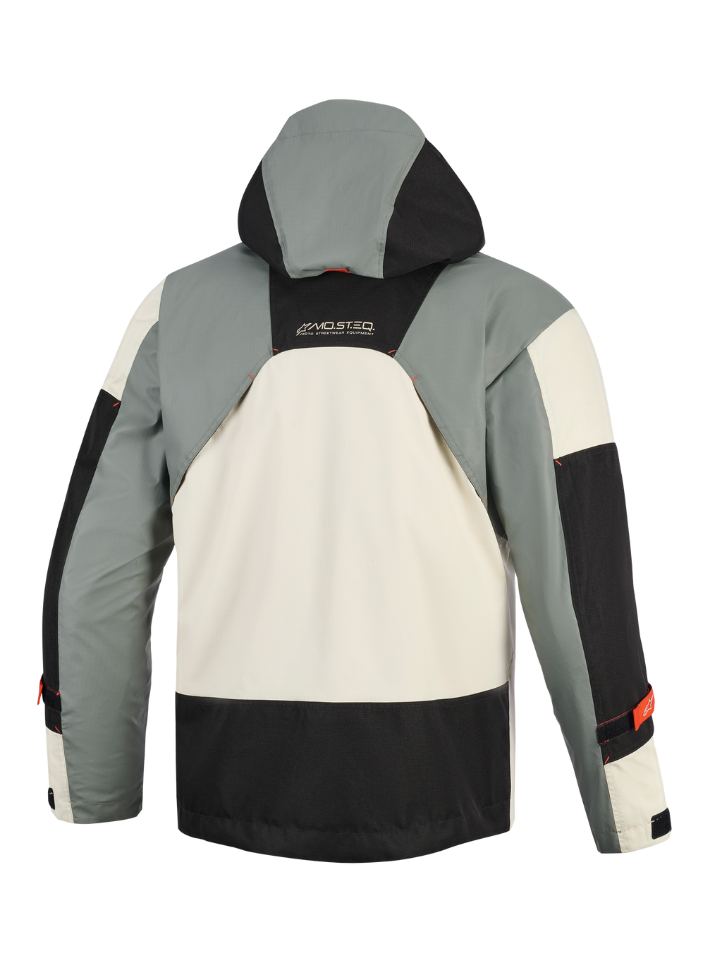 Giacca Alpinestars Mospher Waterproof in Fur Gray Black Ice, vista posteriore, design multi-pannello di ispirazione militare con sezioni grigie, nere e bianco ghiaccio, cappuccio integrato e marchio MO.ST.EQ sulla parte superiore della schiena.