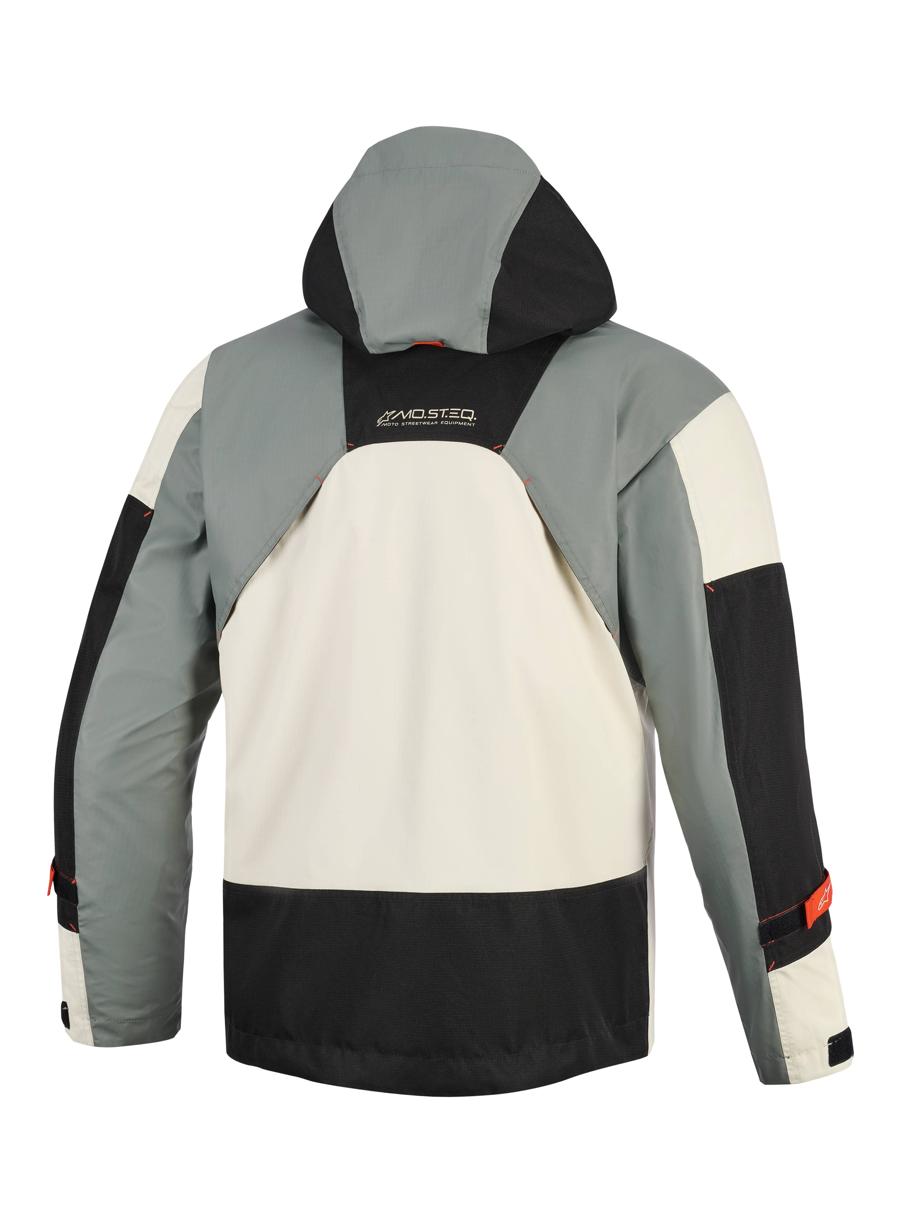 Giacca Alpinestars Mospher Waterproof in Fur Gray Black Ice, vista posteriore, design multi-pannello di ispirazione militare con sezioni grigie, nere e bianco ghiaccio, cappuccio integrato e marchio MO.ST.EQ sulla parte superiore della schiena.