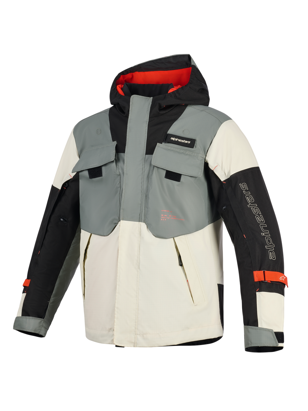 Giacca Alpinestars Mospher Waterproof, parka da moto, Fur Gray Black Ice, con design tattico multitasca, cappuccio con interno rosso e marchio Alpinestars sulla manica