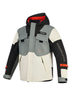 Giacca Alpinestars Mospher Waterproof, parka da moto, Fur Gray Black Ice, con design tattico multitasca, cappuccio con interno rosso e marchio Alpinestars sulla manica