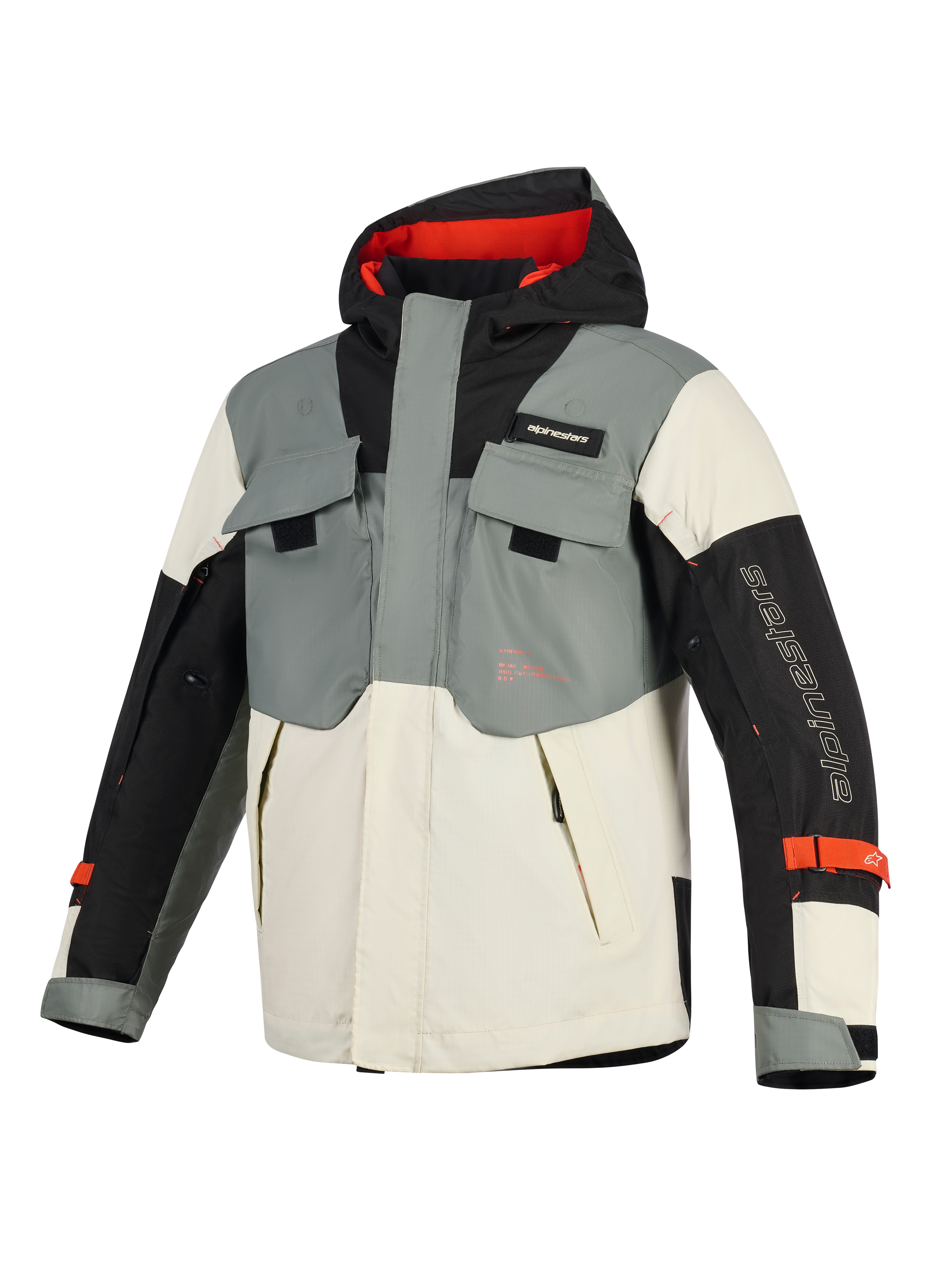 Giacca Alpinestars Mospher Waterproof, parka da moto, Fur Gray Black Ice, con design tattico multitasca, cappuccio con interno rosso e marchio Alpinestars sulla manica