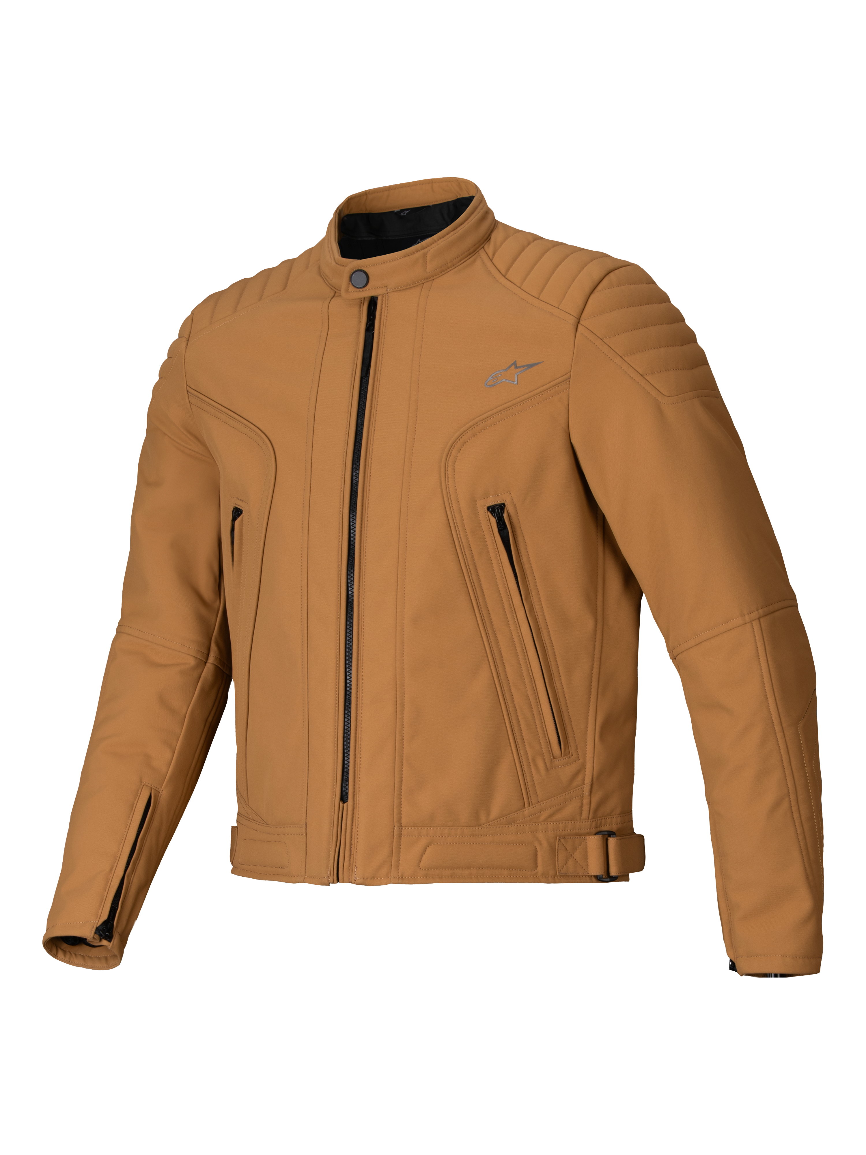 Giacca Alpinestars Clayton WR, Utility Brown Light Gold, giacca da moto in tessuto con pannelli trapuntati su spalle e avambracci, design urban slim-fit con tasche con zip e finitura idrorepellente.