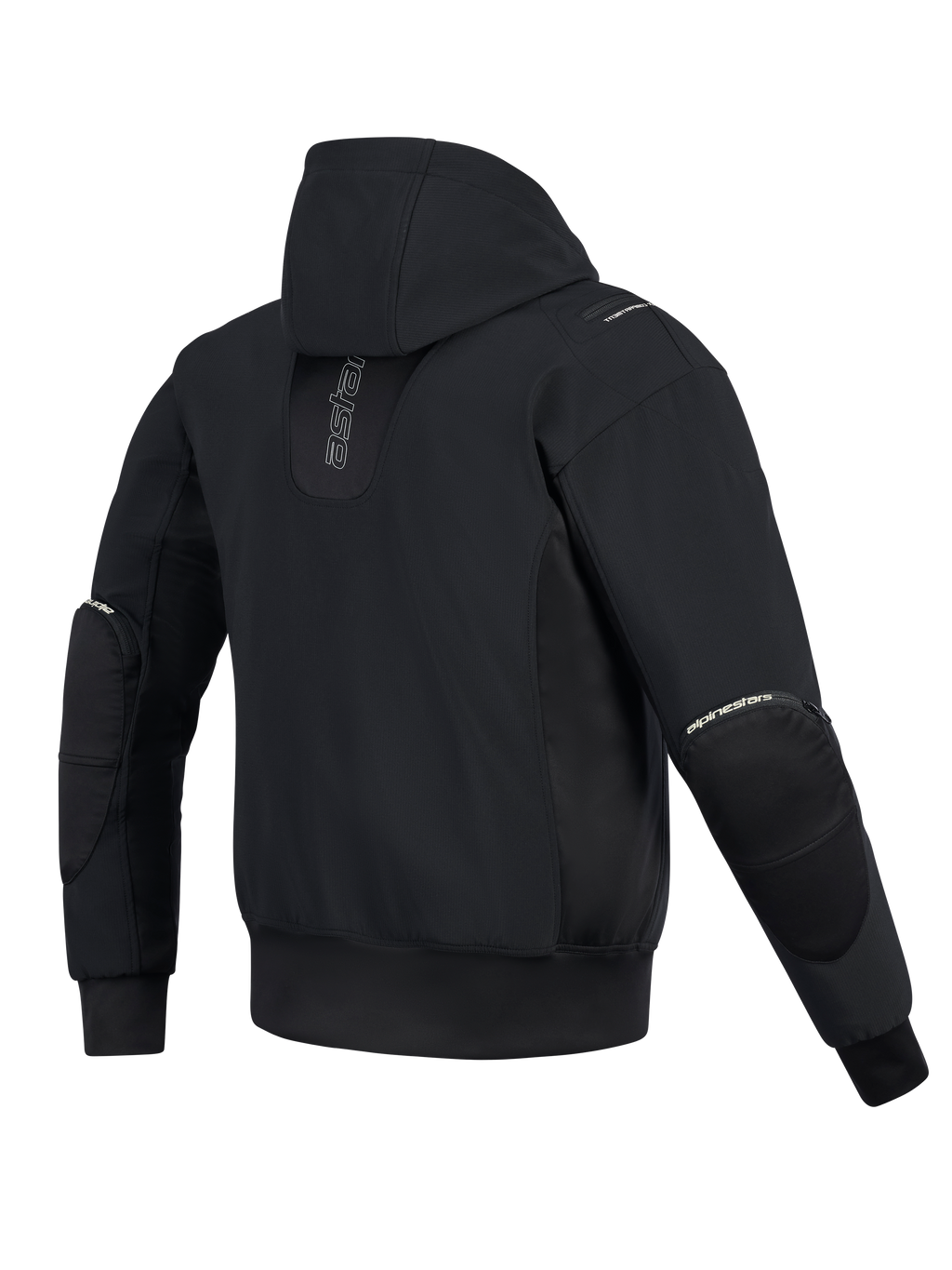 Giacca impermeabile Alpinestars Moblast, vista posteriore, nero, felpa da moto urbana con cappuccio e branding verticale sulla schiena, costruzione tecnica in softshell e ripstop con cappuccio fisso e cerniere esterne per le protezioni dei gomiti