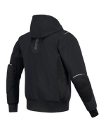 Giacca impermeabile Alpinestars Moblast, vista posteriore, nero, felpa da moto urbana con cappuccio e branding verticale sulla schiena, costruzione tecnica in softshell e ripstop con cappuccio fisso e cerniere esterne per le protezioni dei gomiti