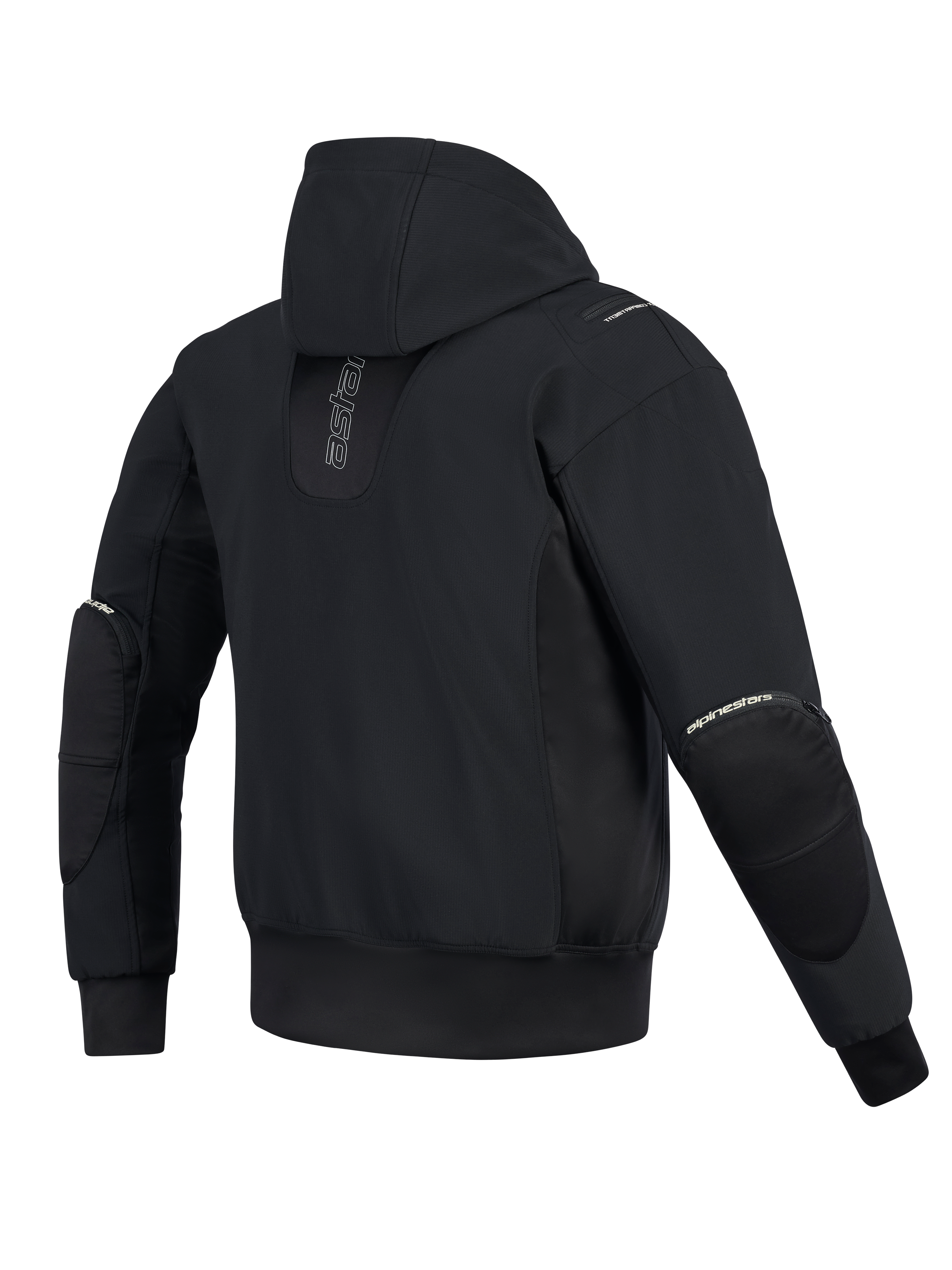 Giacca impermeabile Alpinestars Moblast, vista posteriore, nero, felpa da moto urbana con cappuccio e branding verticale sulla schiena, costruzione tecnica in softshell e ripstop con cappuccio fisso e cerniere esterne per le protezioni dei gomiti