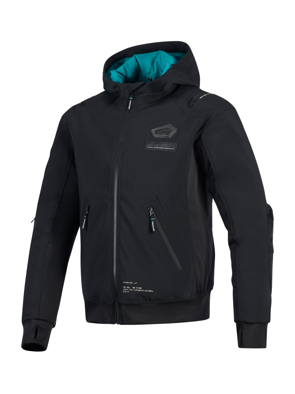 Giacca impermeabile Alpinestars Moblast, nera con fodera del cappuccio teal, giacca tecnica da moto in softshell con tasche 3D con cerniera, fori per i pollici integrati e logo Alpinestars sul petto, abbigliamento per guida urbana