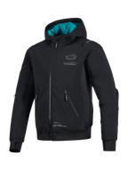 Giacca impermeabile Alpinestars Moblast, nera con fodera del cappuccio teal, giacca tecnica da moto in softshell con tasche 3D con cerniera, fori per i pollici integrati e logo Alpinestars sul petto, abbigliamento per guida urbana