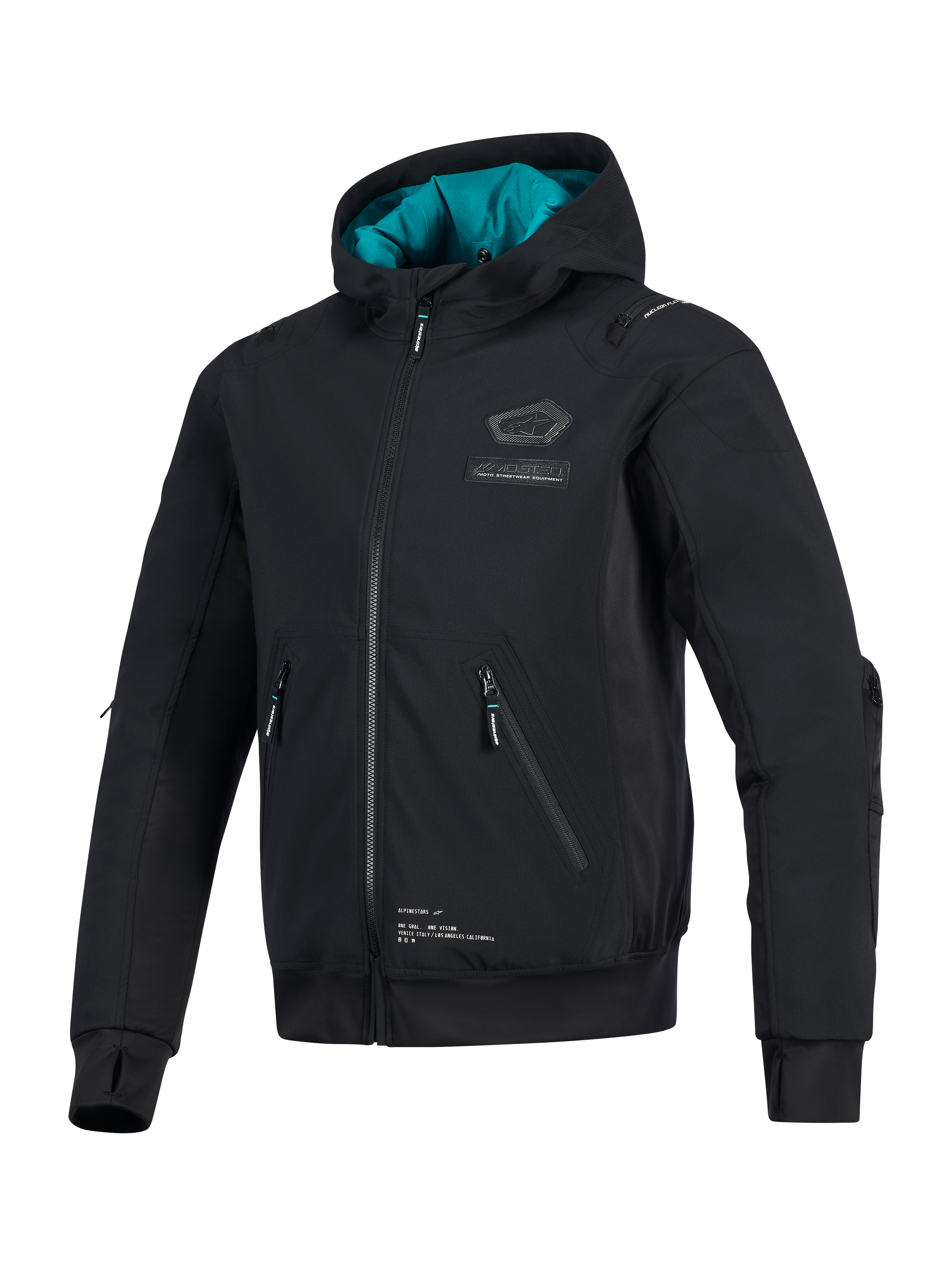 Giacca impermeabile Alpinestars Moblast, nera con fodera del cappuccio teal, giacca tecnica da moto in softshell con tasche 3D con cerniera, fori per i pollici integrati e logo Alpinestars sul petto, abbigliamento per guida urbana