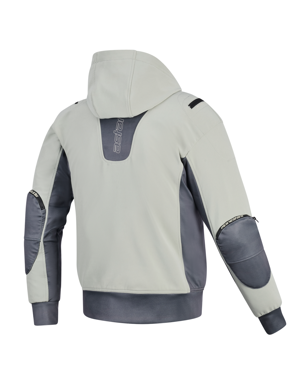 Giacca Alpinestars Moblast Waterproof, vista posteriore, Iron Gray e Dark Sage, felpa da moto con cappuccio con corpo verde salvia chiaro e accenti grigio scuro, branding verticale sul retro, cerniere visibili per le protezioni dei gomiti e vita elasticizzata