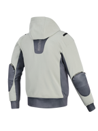 Giacca Alpinestars Moblast Waterproof, vista posteriore, Iron Gray e Dark Sage, felpa da moto con cappuccio con corpo verde salvia chiaro e accenti grigio scuro, branding verticale sul retro, cerniere visibili per le protezioni dei gomiti e vita elasticizzata