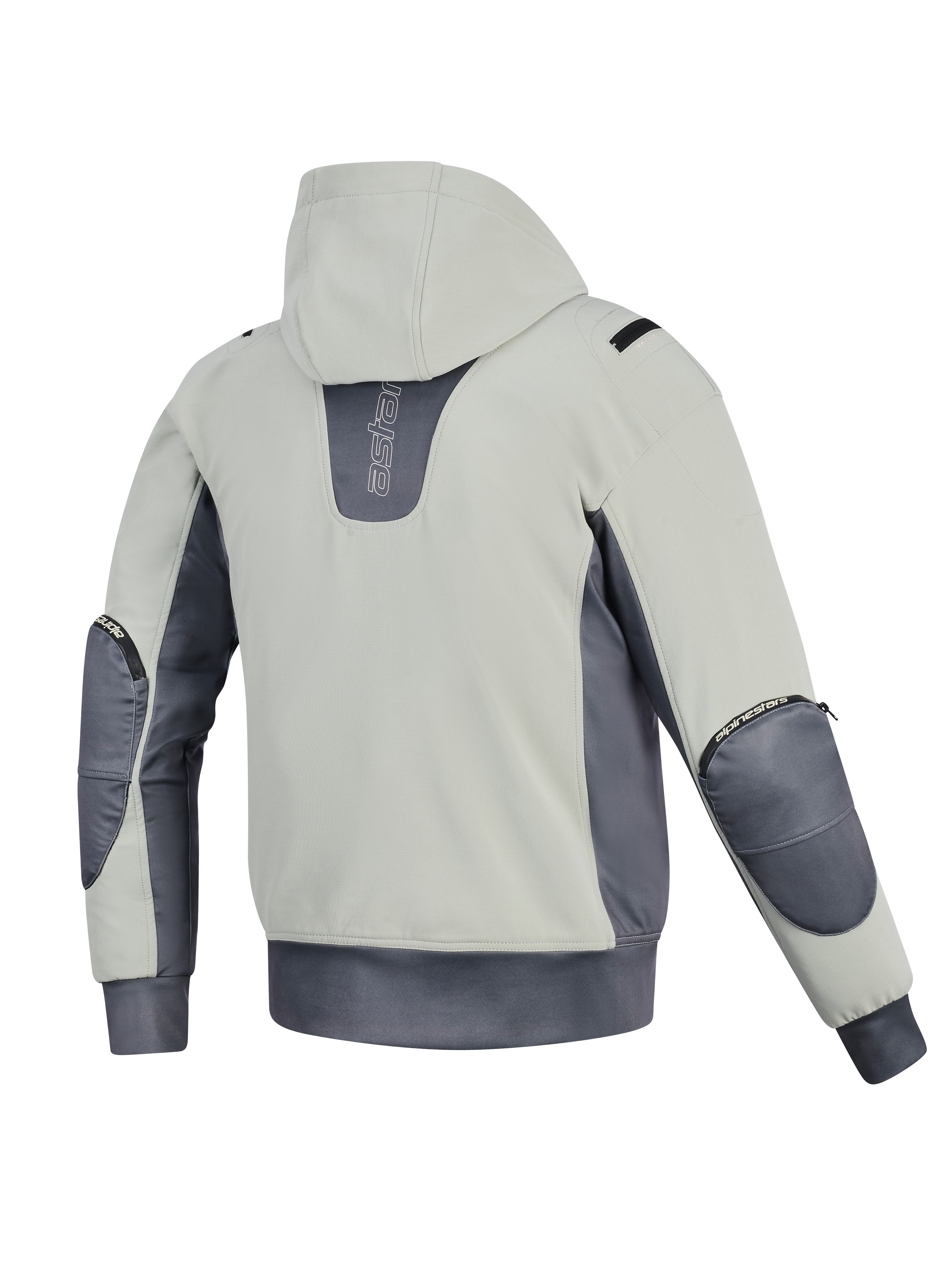 Giacca Alpinestars Moblast Waterproof, vista posteriore, Iron Gray e Dark Sage, felpa da moto con cappuccio con corpo verde salvia chiaro e accenti grigio scuro, branding verticale sul retro, cerniere visibili per le protezioni dei gomiti e vita elasticizzata