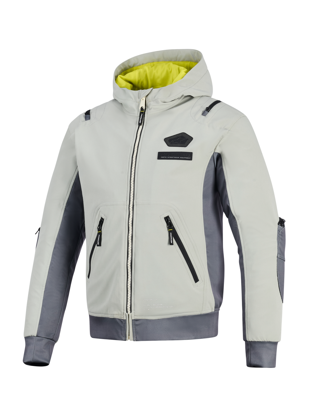 Giacca Alpinestars Moblast Waterproof, Iron Gray e Dark Sage, giacca da moto con cappuccio e fodera giallo brillante, corpo in tessuto grigio chiaro con pannelli laterali grigio scuro, dotata di cerniere impermeabili e logo sul petto