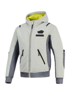 Giacca Alpinestars Moblast Waterproof, Iron Gray e Dark Sage, giacca da moto con cappuccio e fodera giallo brillante, corpo in tessuto grigio chiaro con pannelli laterali grigio scuro, dotata di cerniere impermeabili e logo sul petto