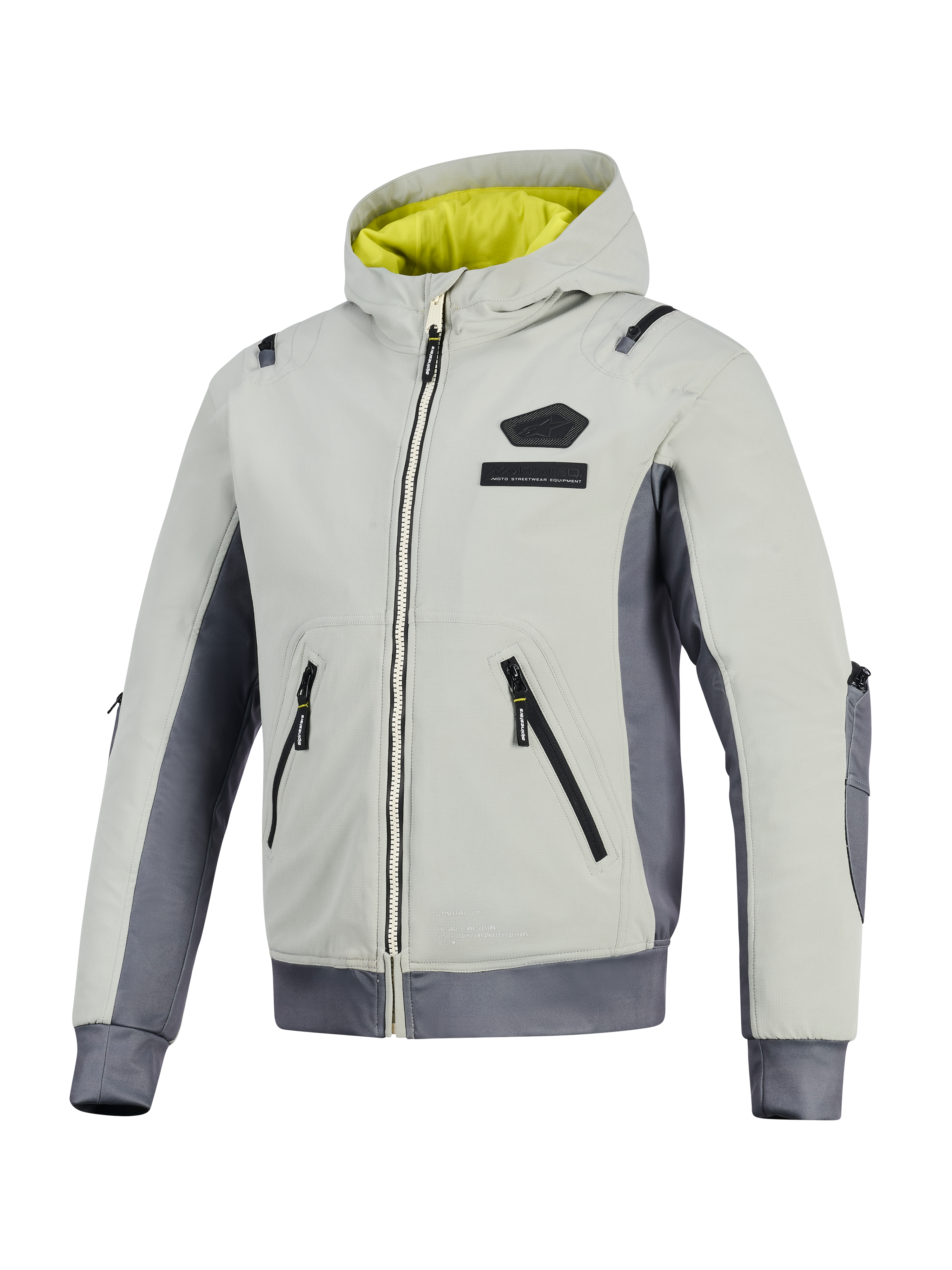 Giacca Alpinestars Moblast Waterproof, Iron Gray e Dark Sage, giacca da moto con cappuccio e fodera giallo brillante, corpo in tessuto grigio chiaro con pannelli laterali grigio scuro, dotata di cerniere impermeabili e logo sul petto