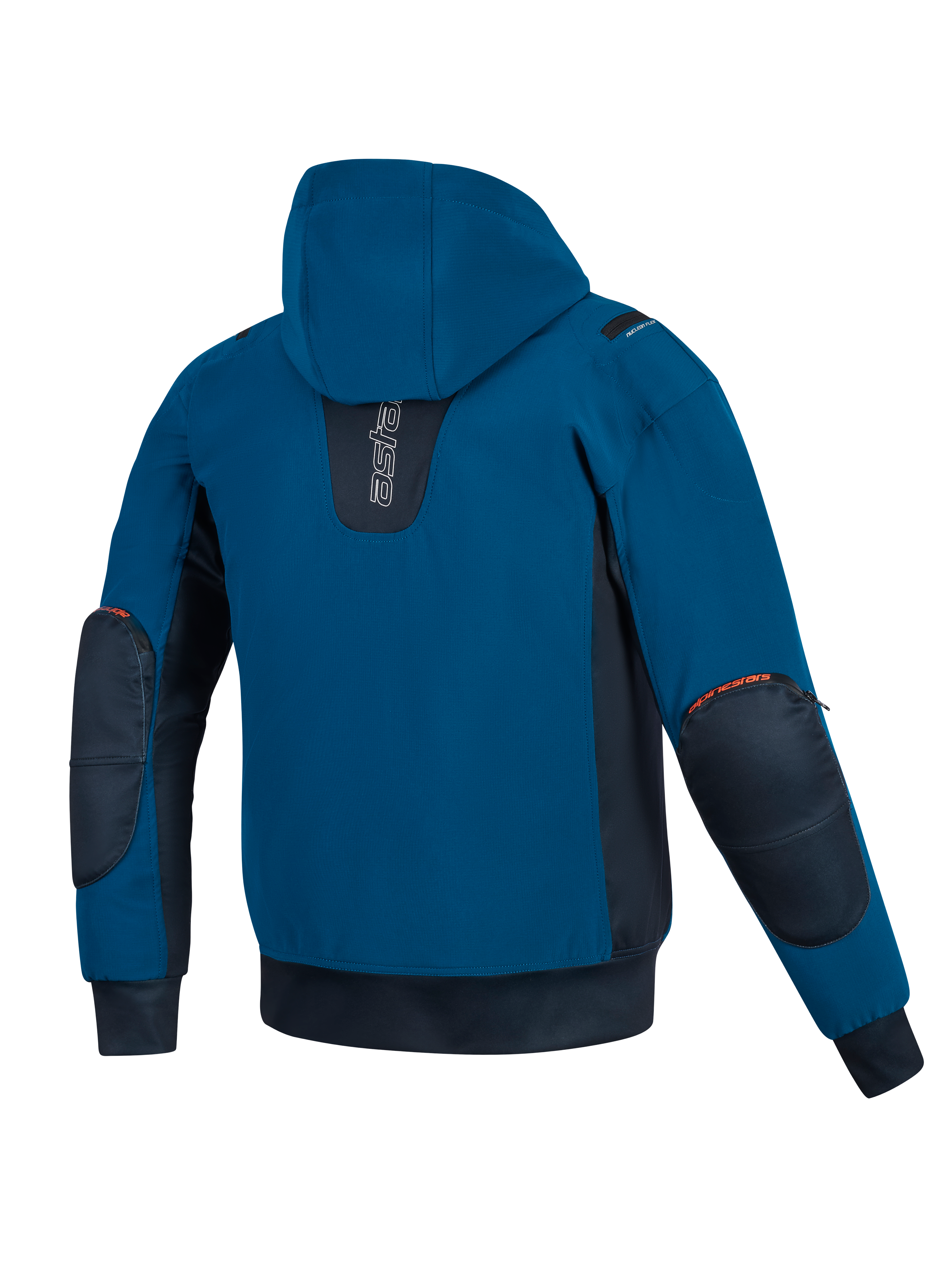Alpinestars Moblast Waterproof Jacket, Dark Petrol e Dark Navy, vista posteriore di giacca da moto con cappuccio, caratterizzata da costruzione in softshell, pannelli laterali blu navy e protezioni rinforzate sui gomiti con dettagli del logo in arancione.