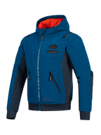 Giacca impermeabile Alpinestars Moblast, colori Dark Petrol e Dark Navy blue, felpa da moto urban con fodera del cappuccio arancione brillante, tasche tecniche 3D e costruzione in softshell ripstop per il commuting in tutte le stagioni