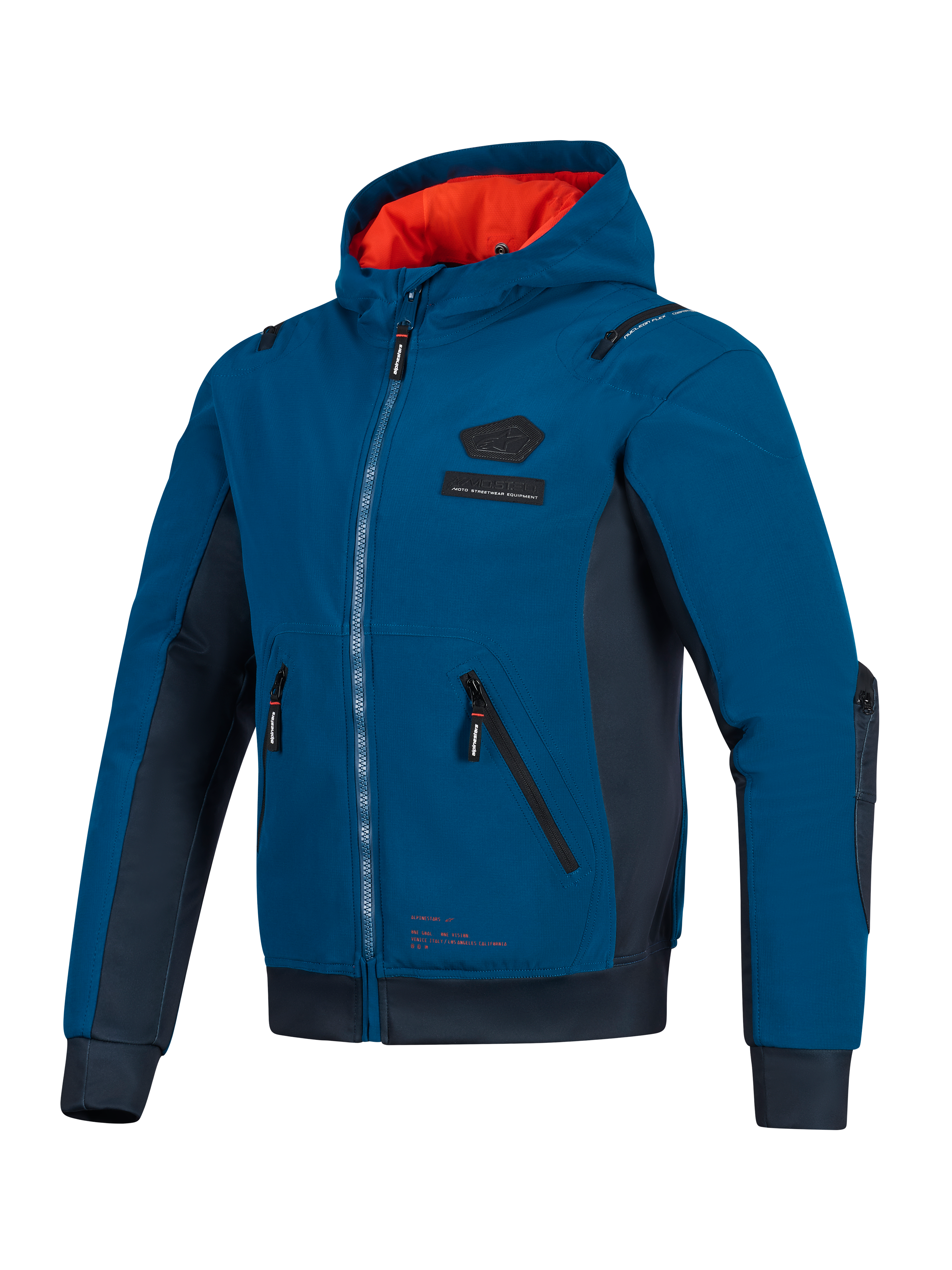 Giacca impermeabile Alpinestars Moblast, colori Dark Petrol e Dark Navy blue, felpa da moto urban con fodera del cappuccio arancione brillante, tasche tecniche 3D e costruzione in softshell ripstop per il commuting in tutte le stagioni