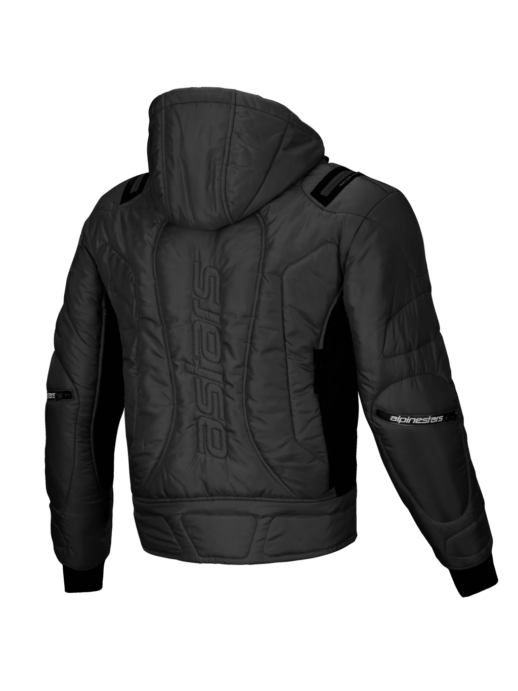Alpinestars Giacca Mohobbs Impermeabile, giacca bomber moto urbana, nera, vista posteriore con imbottitura trapuntata, cappuccio integrato e marchio astars