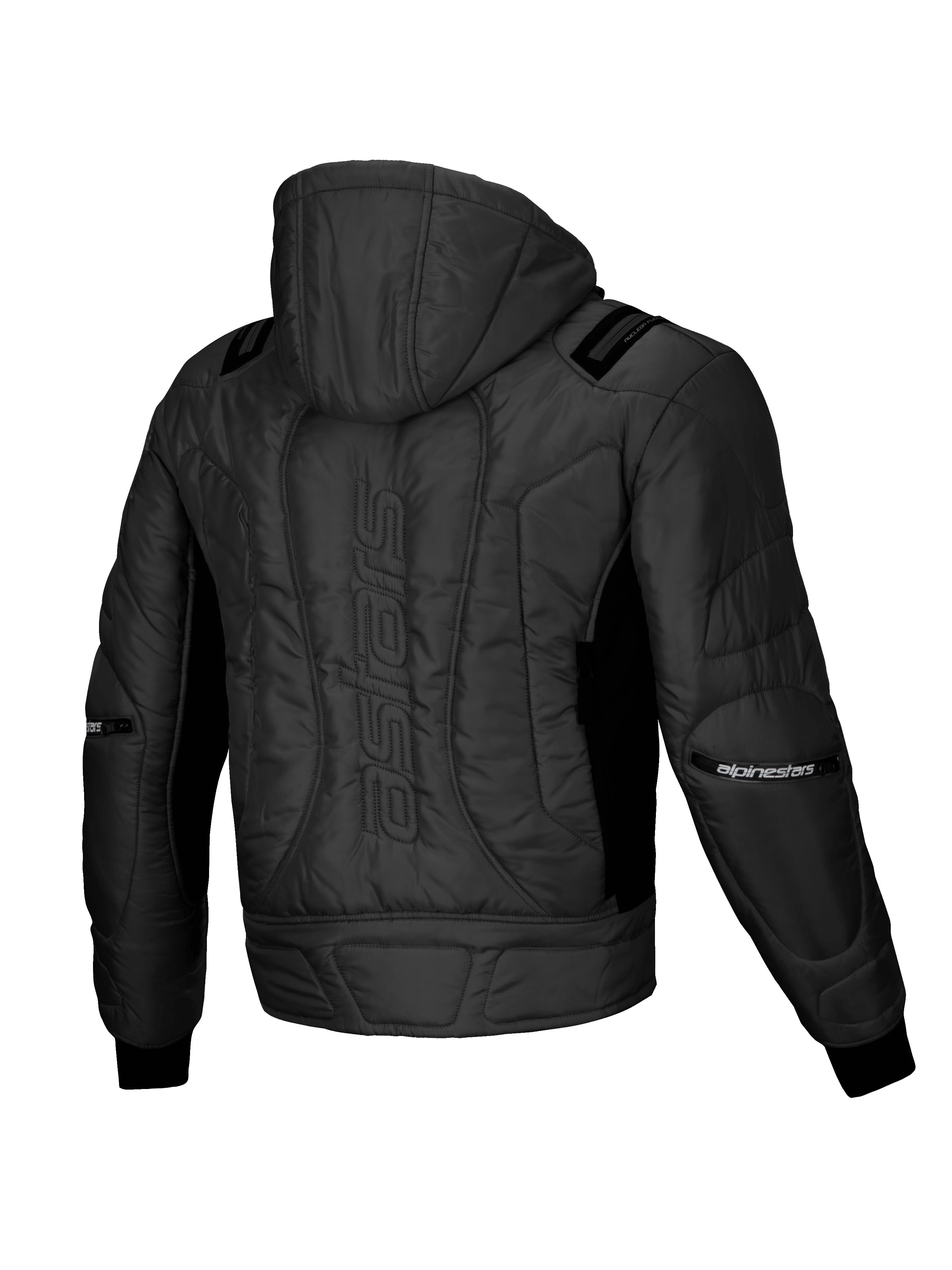 Alpinestars Giacca Mohobbs Impermeabile, giacca bomber moto urbana, nera, vista posteriore con imbottitura trapuntata, cappuccio integrato e marchio astars
