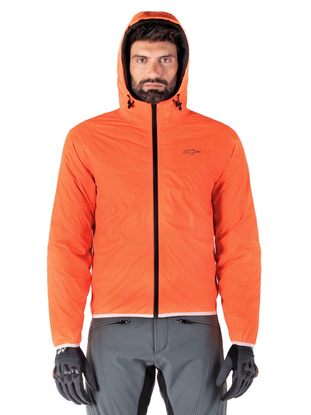 Giacca Alpinestars Mohobbs Waterproof, giacca bomber da moto imbottita, nero e arancione fluo, design trapuntato con cappuccio antipioggia, abbigliamento da moto ispirato allo streetwear urbano