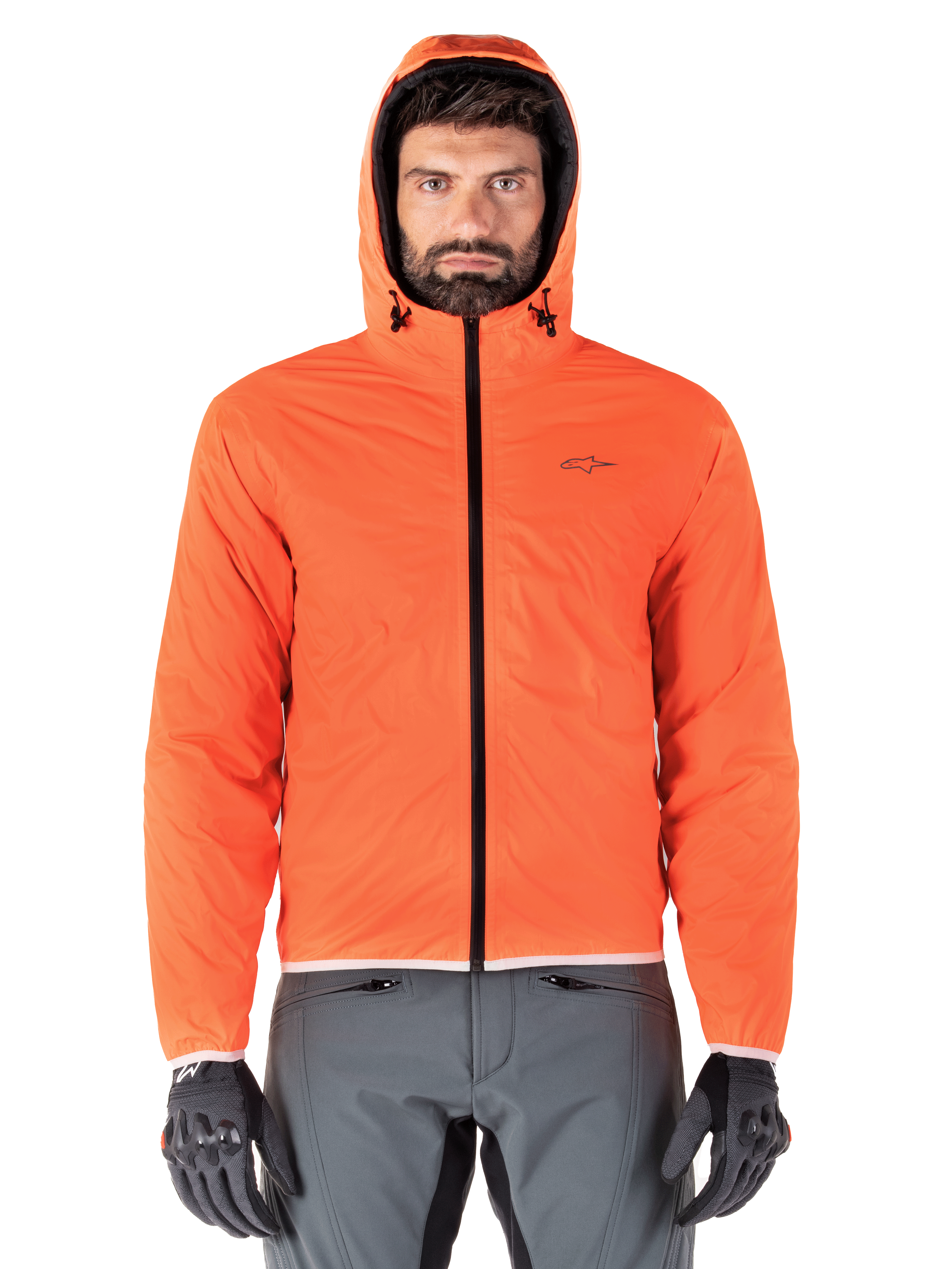 Giacca Alpinestars Mohobbs Waterproof, giacca bomber da moto imbottita, nero e arancione fluo, design trapuntato con cappuccio antipioggia, abbigliamento da moto ispirato allo streetwear urbano