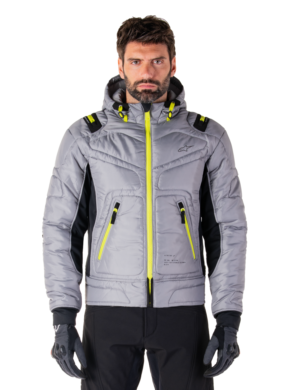 Alpinestars Mohobbs Waterproof Jacket, giacca da moto urbana, grigio Lunar con accenti Lime Punch, design bomber trapuntato con cappuccio, cerniere giallo brillante e pannelli laterali neri, abbigliamento protettivo da guida ispirato allo streetwear