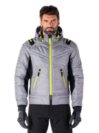 Alpinestars Mohobbs Waterproof Jacket, giacca da moto urbana, grigio Lunar con accenti Lime Punch, design bomber trapuntato con cappuccio, cerniere giallo brillante e pannelli laterali neri, abbigliamento protettivo da guida ispirato allo streetwear