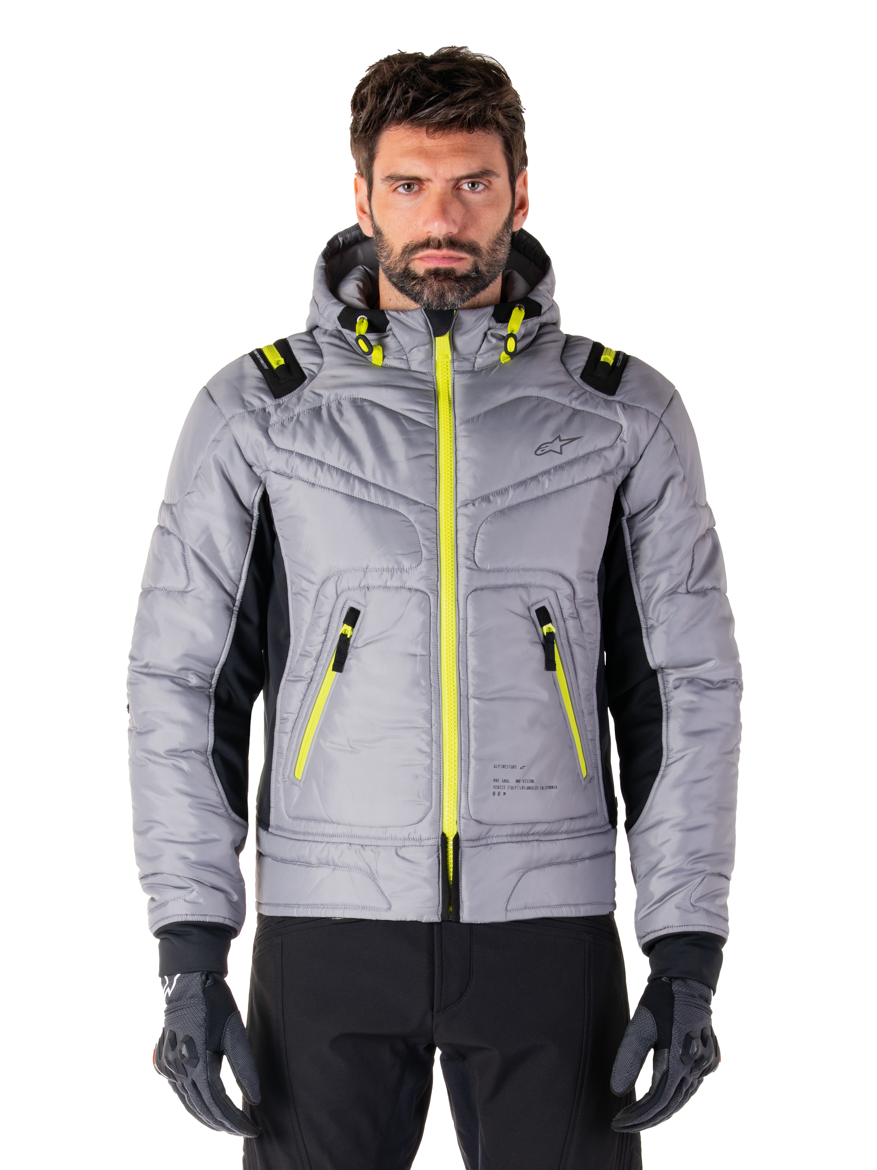 Alpinestars Mohobbs Waterproof Jacket, giacca da moto urbana, grigio Lunar con accenti Lime Punch, design bomber trapuntato con cappuccio, cerniere giallo brillante e pannelli laterali neri, abbigliamento protettivo da guida ispirato allo streetwear