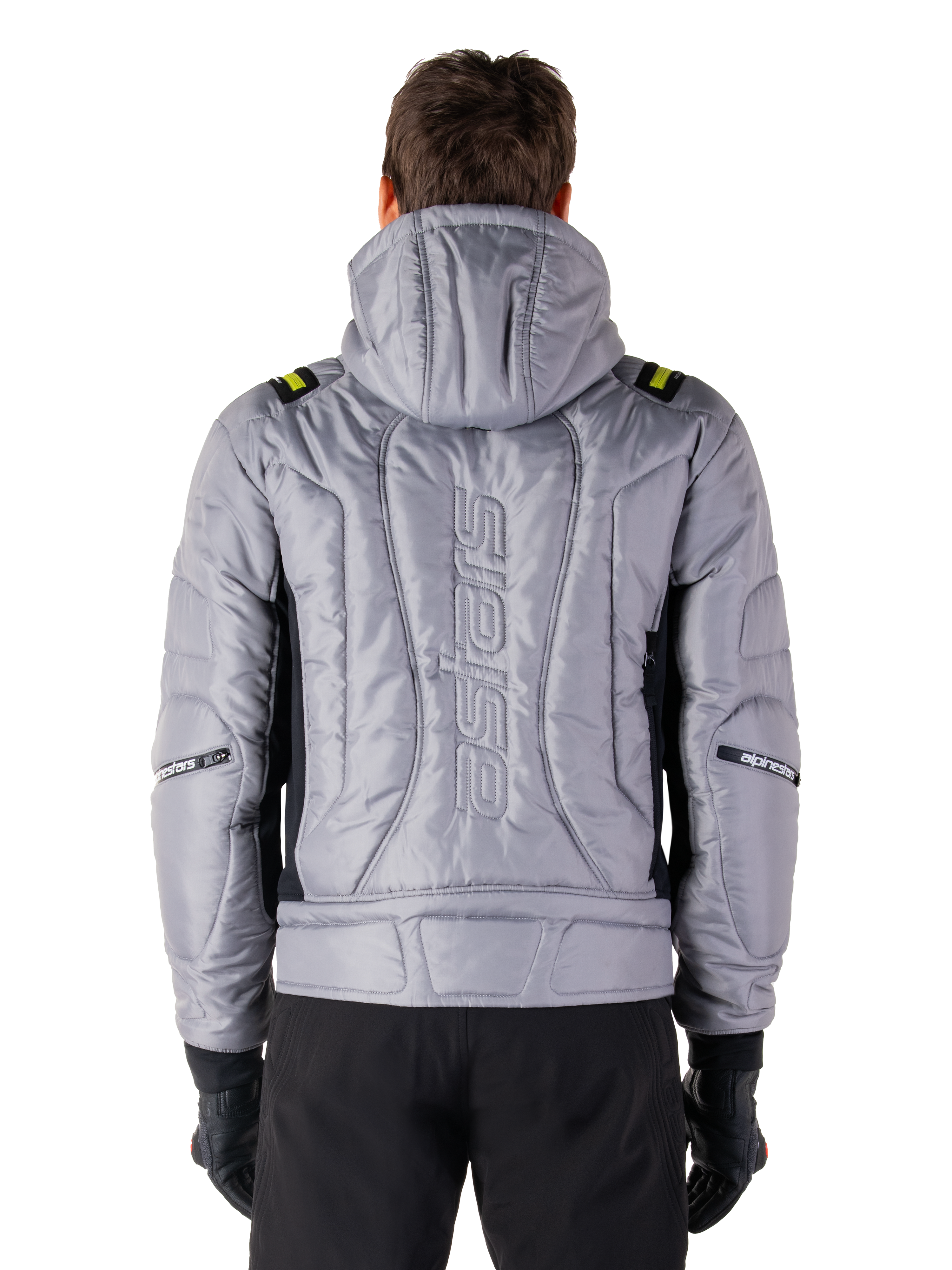 Giacca impermeabile Alpinestars Mohobbs, vista posteriore, Lunar Gray con accenti Lime Punch, costruzione imbottita trapuntata con marchio astars verticale, stile bomber con cappuccio per la guida urbana in moto