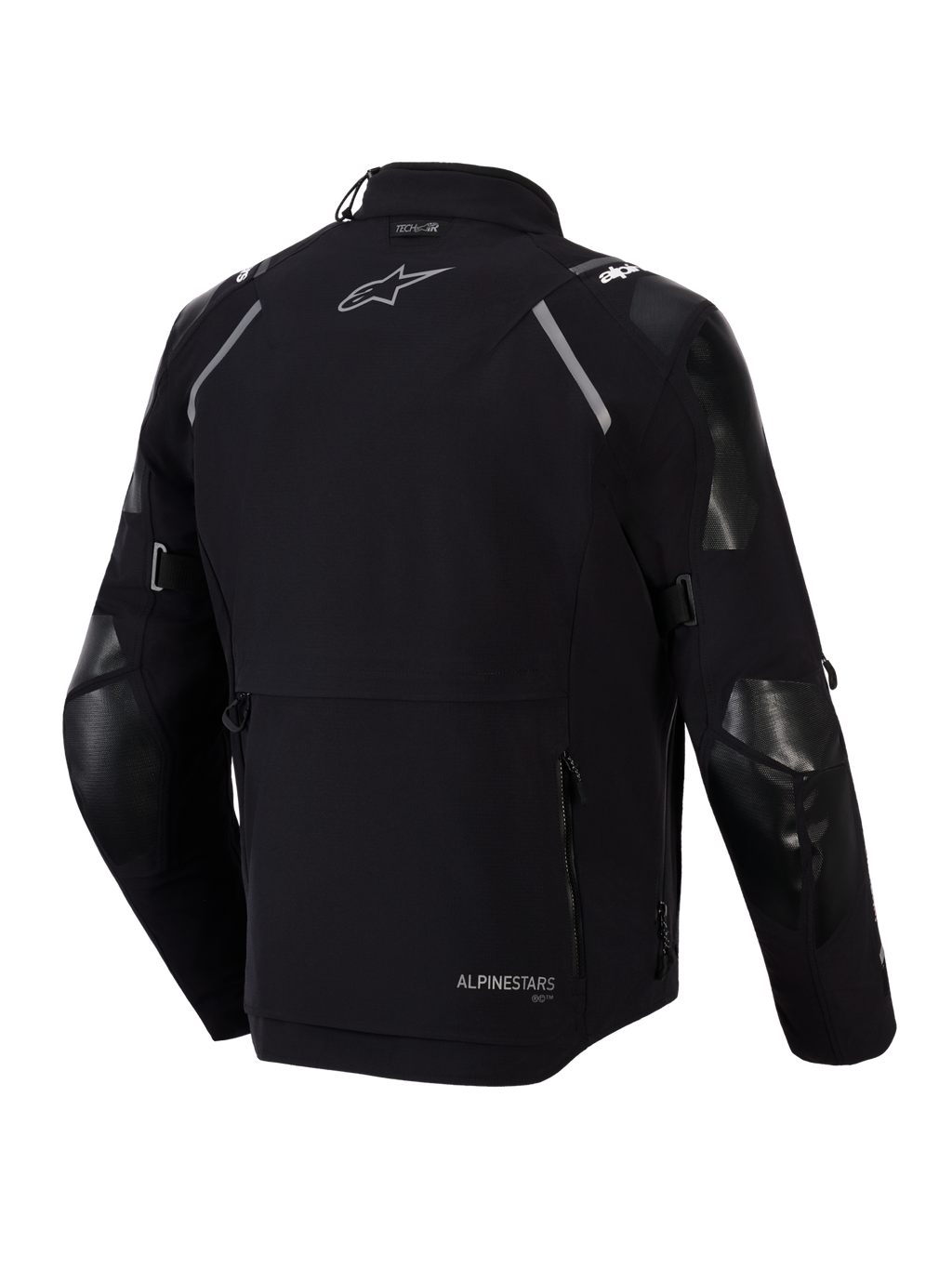 Giacca Alpinestars Andes Pro Drystar® XF, vista posteriore, nero e grigio scuro, giacca adventure touring in tessuto con ampia tasca posteriore, inserti riflettenti sulle spalle, logo Alpinestars e marchio di compatibilità Tech-Air®.