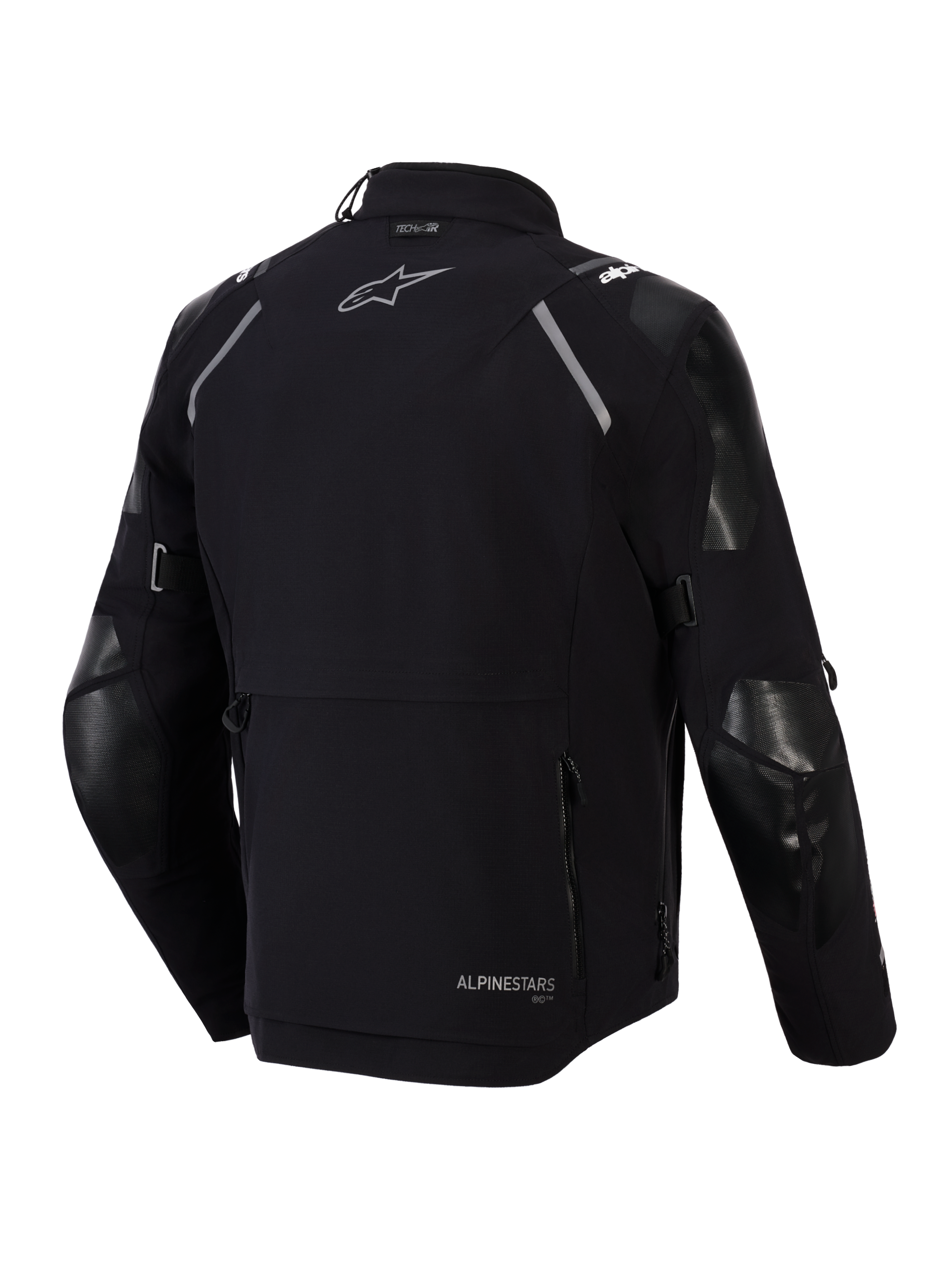 Giacca Alpinestars Andes Pro Drystar® XF, vista posteriore, nero e grigio scuro, giacca adventure touring in tessuto con ampia tasca posteriore, inserti riflettenti sulle spalle, logo Alpinestars e marchio di compatibilità Tech-Air®.