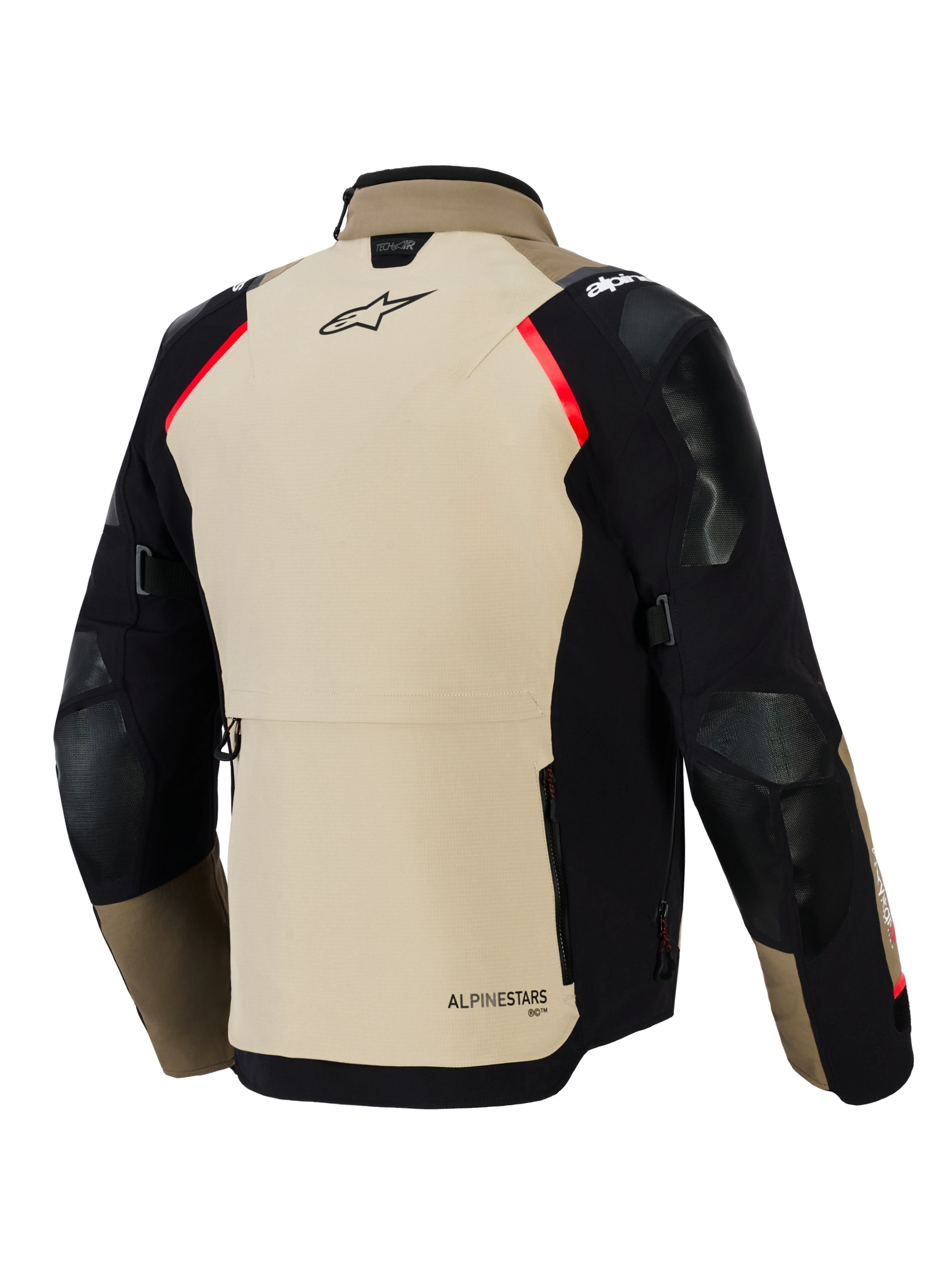 Giacca Alpinestars Andes Pro Drystar® XF, vista posteriore, color noce e nero con accenti rossi, pannelli rinforzati su spalle e gomiti, ampia tasca posteriore e marchio Alpinestars, abbigliamento moto adventure touring