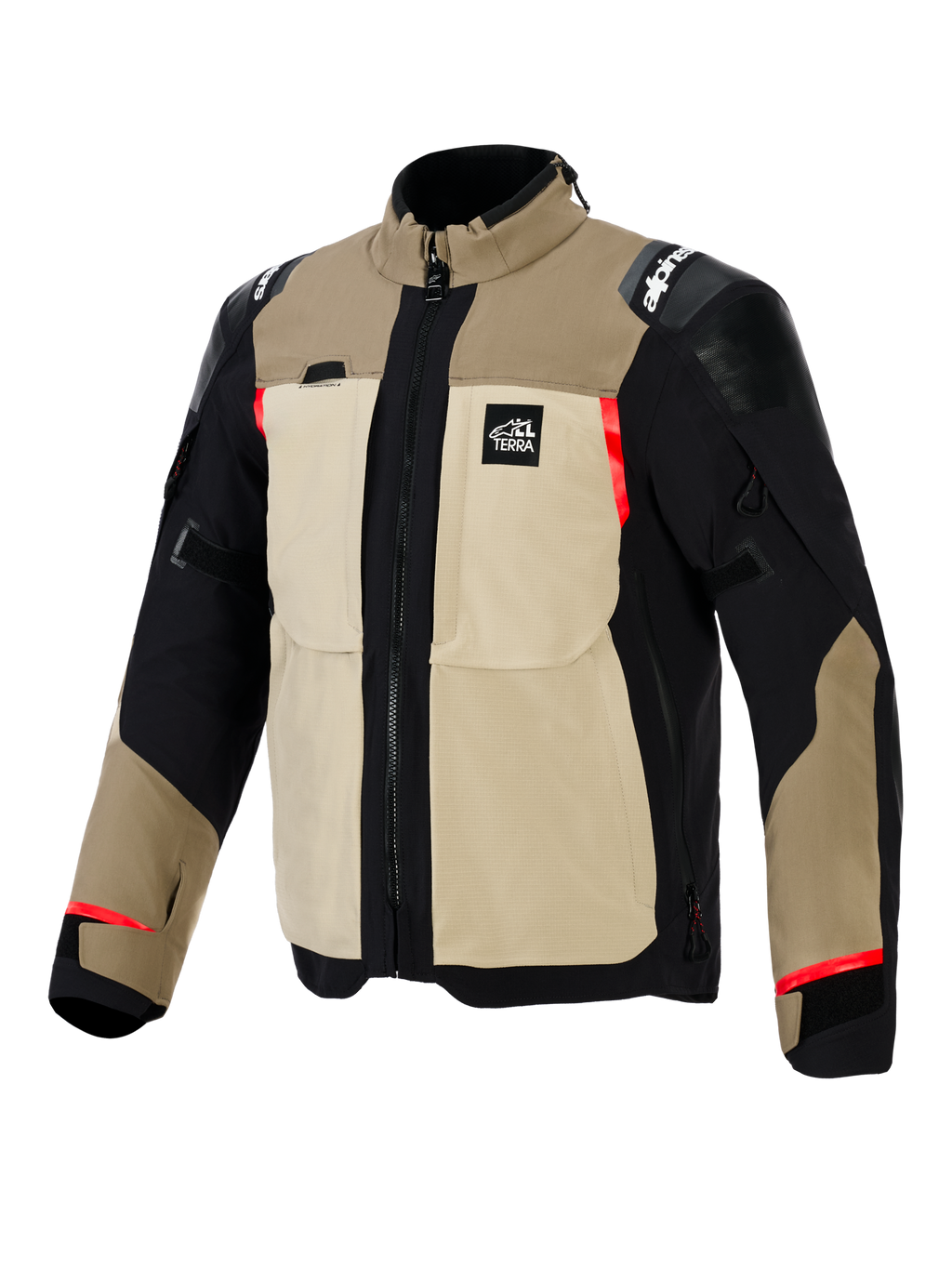 Giacca Alpinestars Andes Pro Drystar® XF, giacca da moto adventure, colorazione Walnut e Aluminum, costruzione in tessuto sabbia e nero con dettagli rossi, con ampie tasche utility sul petto, logo 'All Terra' sul petto e pannelli rinforzati sulle spalle.