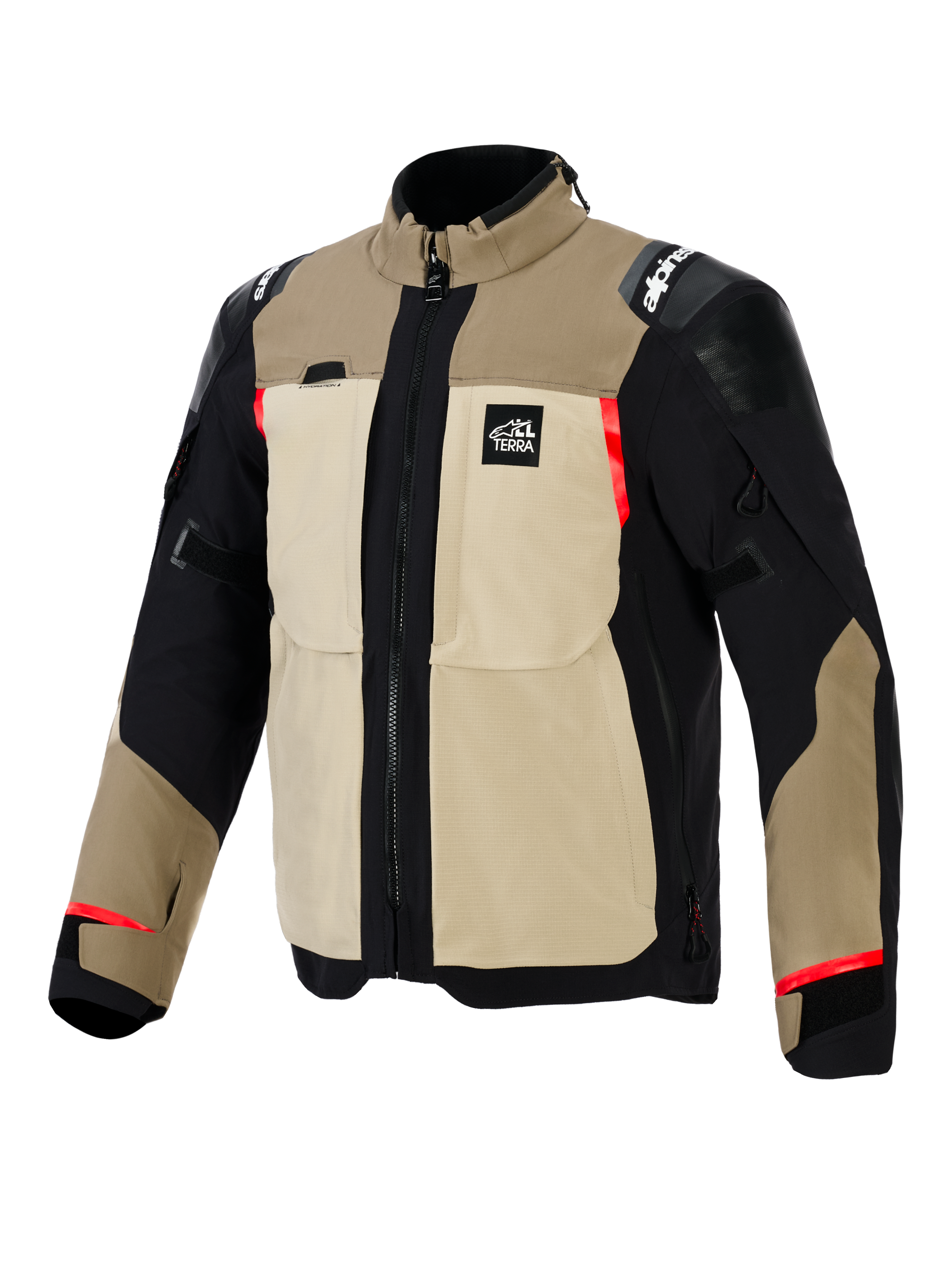 Giacca Alpinestars Andes Pro Drystar® XF, giacca da moto adventure, colorazione Walnut e Aluminum, costruzione in tessuto sabbia e nero con dettagli rossi, con ampie tasche utility sul petto, logo 'All Terra' sul petto e pannelli rinforzati sulle spalle.