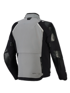 Giacca Alpinestars Andes Pro Drystar® XF, giacca da moto adventure, grigio scuro e nero, vista posteriore con un ampio scomparto portaoggetti posteriore con zip, cinturini regolabili sulle maniche e marchio Tech-Air sul colletto, design con guscio in tessuto resistente
