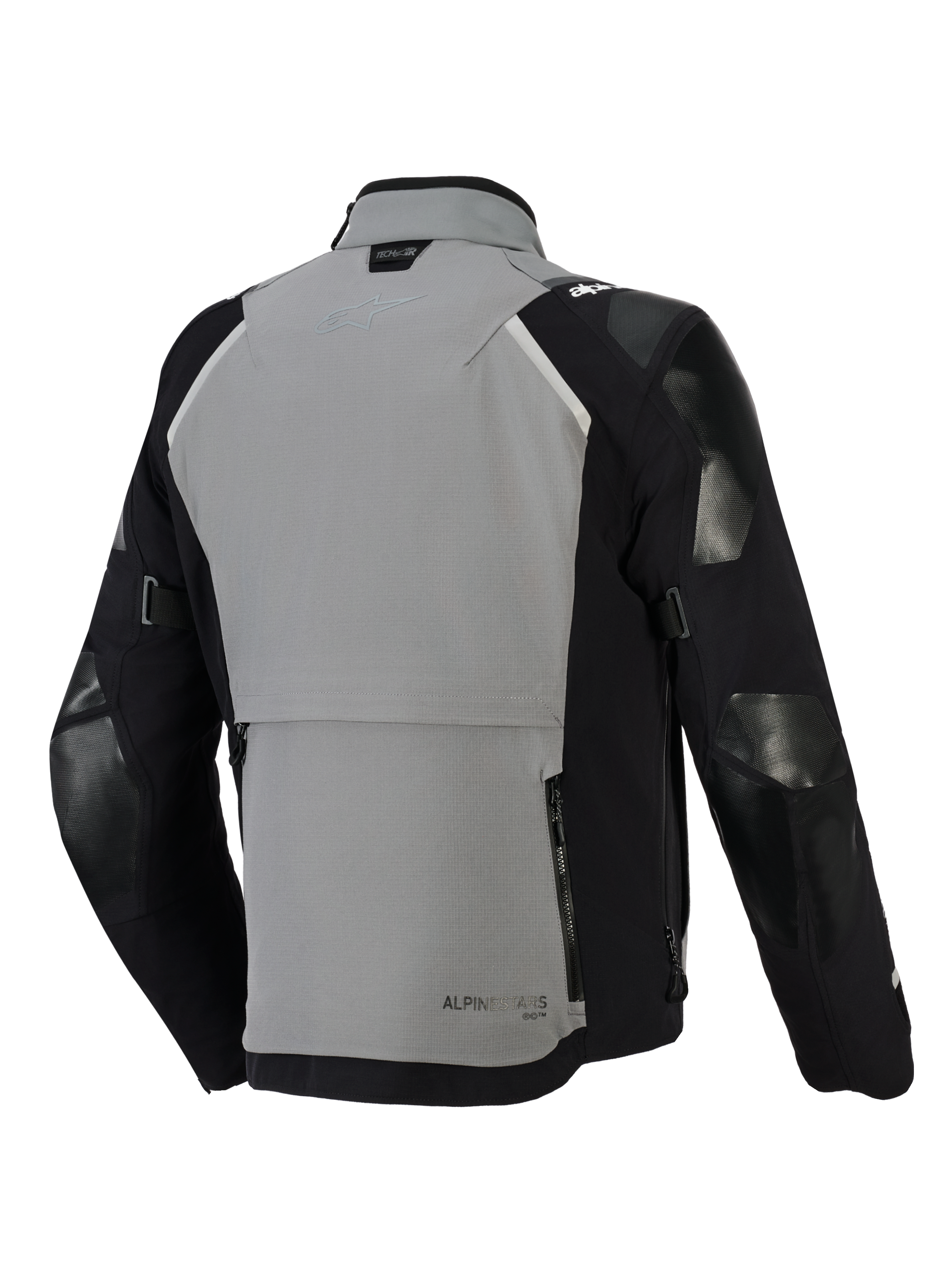 Giacca Alpinestars Andes Pro Drystar® XF, giacca da moto adventure, grigio scuro e nero, vista posteriore con un ampio scomparto portaoggetti posteriore con zip, cinturini regolabili sulle maniche e marchio Tech-Air sul colletto, design con guscio in tessuto resistente