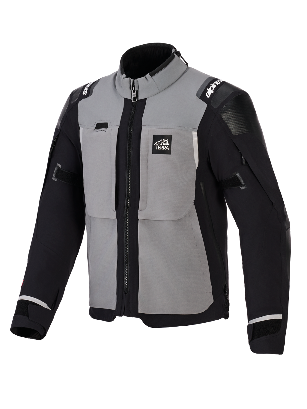Giacca Alpinestars Andes Pro Drystar® XF, giacca da moto adventure, grigio scuro e nero, con pannelli grigi sul petto e maniche e fianchi neri, marchio 'ALL TERRA' sul petto, logo Alpinestars sulle spalle, costruzione in tessuto tecnico con cerniere di ventilazione e polsini regolabili.