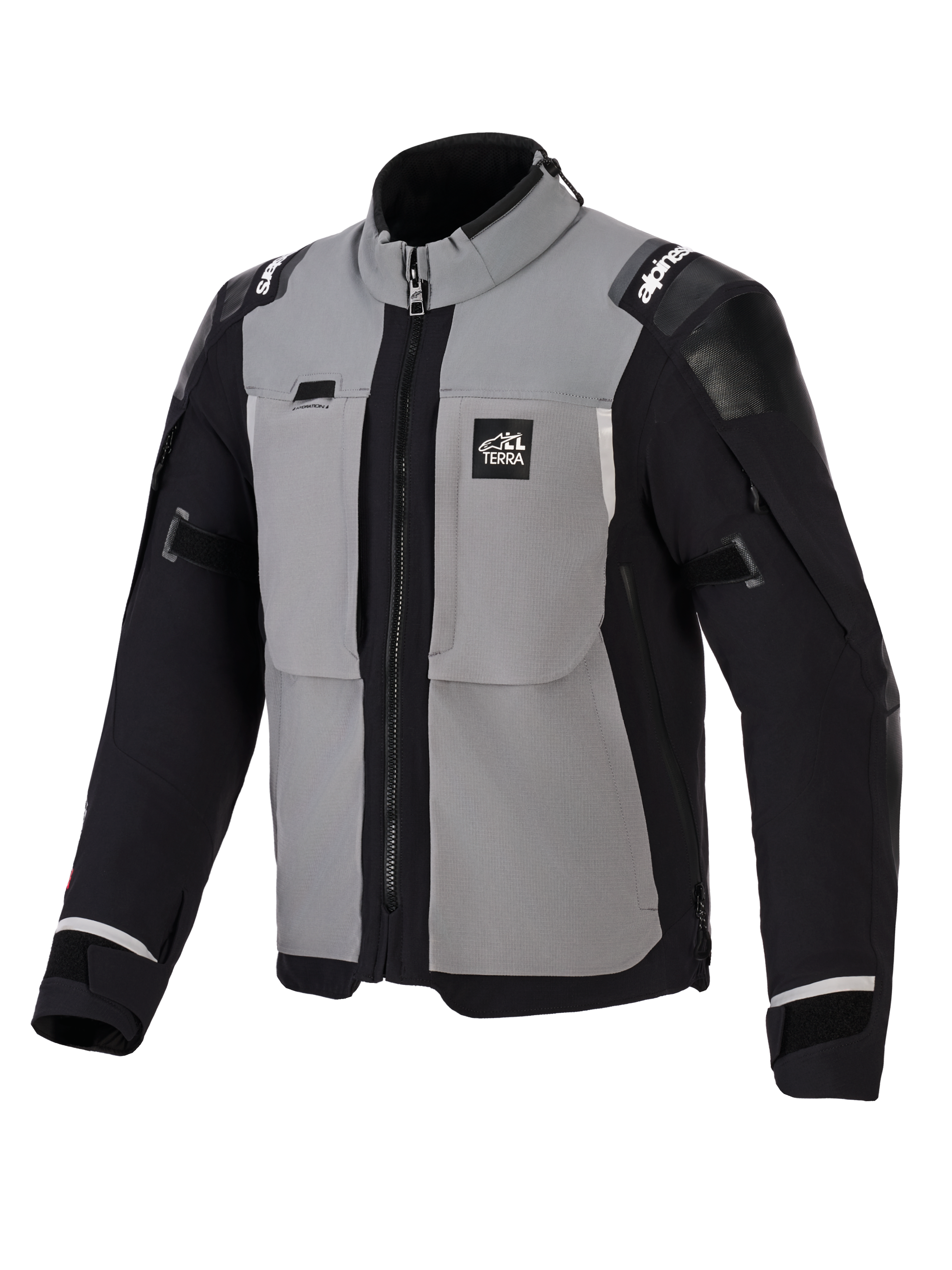 Giacca Alpinestars Andes Pro Drystar® XF, giacca da moto adventure, grigio scuro e nero, con pannelli grigi sul petto e maniche e fianchi neri, marchio 'ALL TERRA' sul petto, logo Alpinestars sulle spalle, costruzione in tessuto tecnico con cerniere di ventilazione e polsini regolabili.