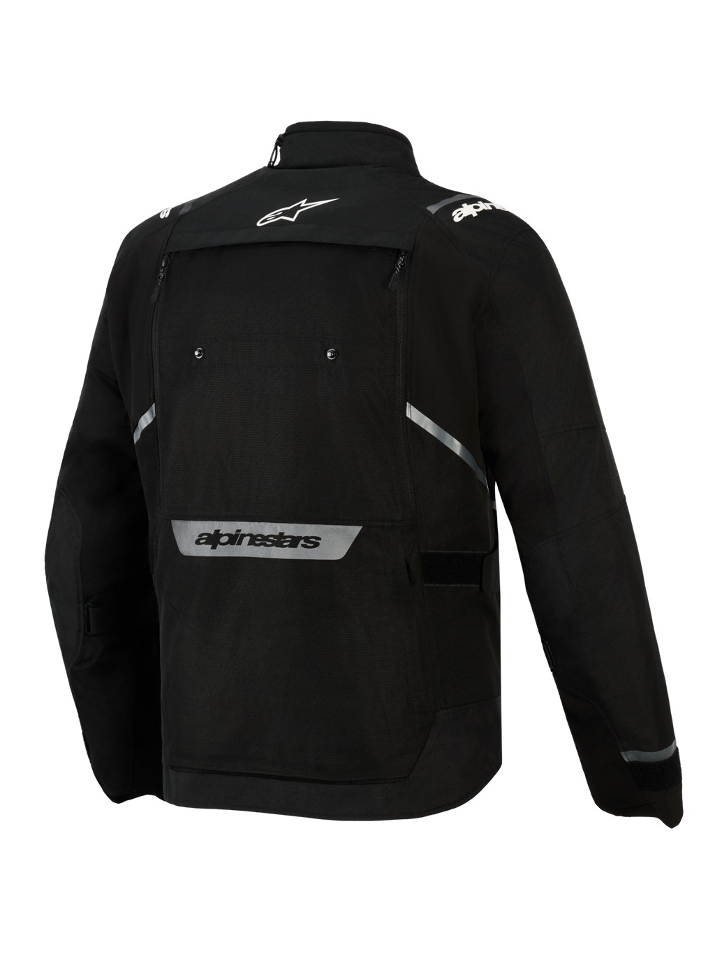 Giacca Alpinestars Cusco Drystar®, nero, vista posteriore, con logo a stella bianco sulla parte superiore della schiena, scritta Alpinestars riflettente sulla parte inferiore della schiena, ampio pannello di ventilazione con cerniera e struttura in tessuto resistente per l'adventure touring